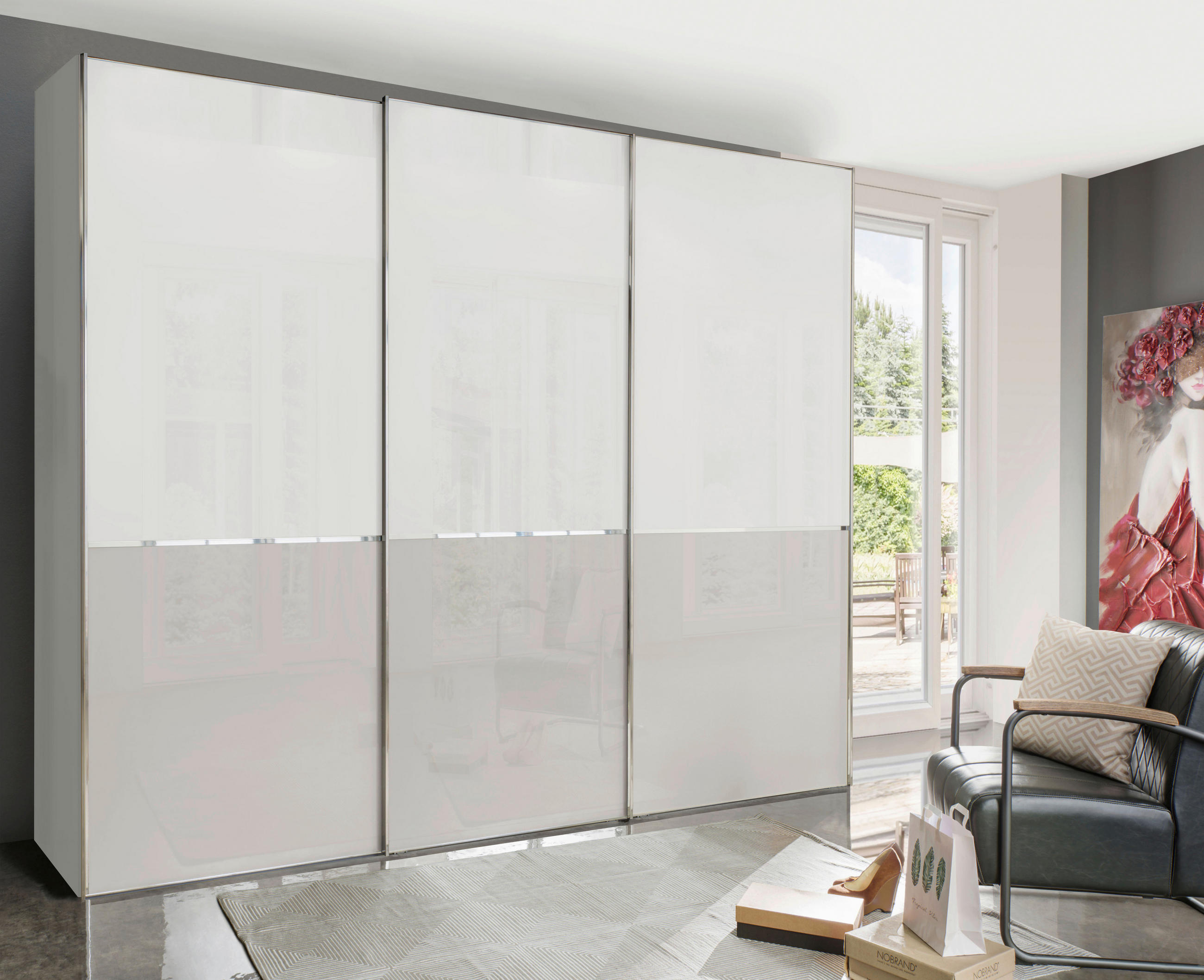 SCHWEBETÜRENSCHRANK 3-türig Grau, Weiß - Chromfarben/Weiß, KONVENTIONELL, Glas/Holzwerkstoff (250/217/67cm) - Novel
