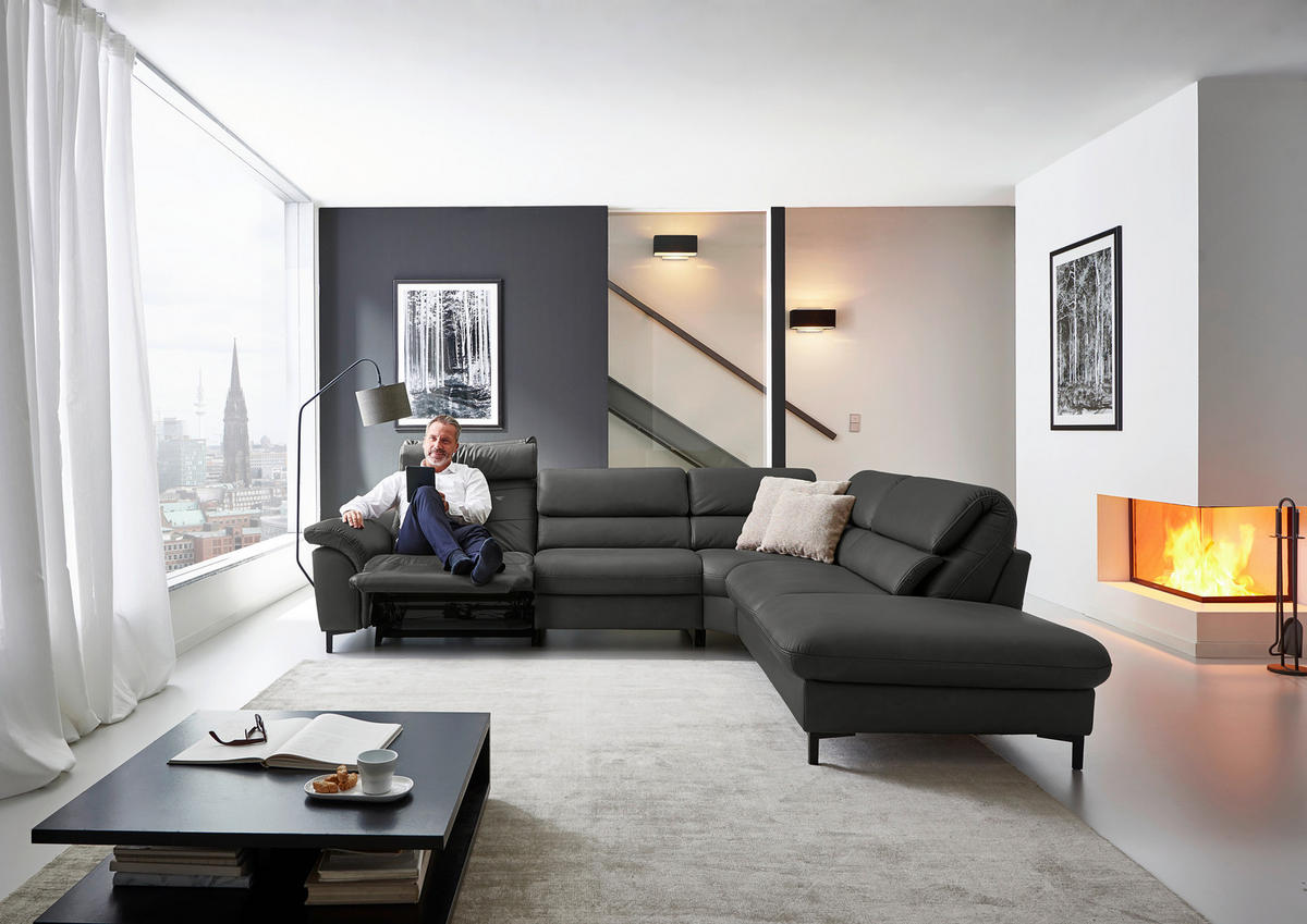 ECKSOFA Valdera Schwarz Echtleder  - Schwarz, Design, Leder/Metall (280/246cm) - Hukla