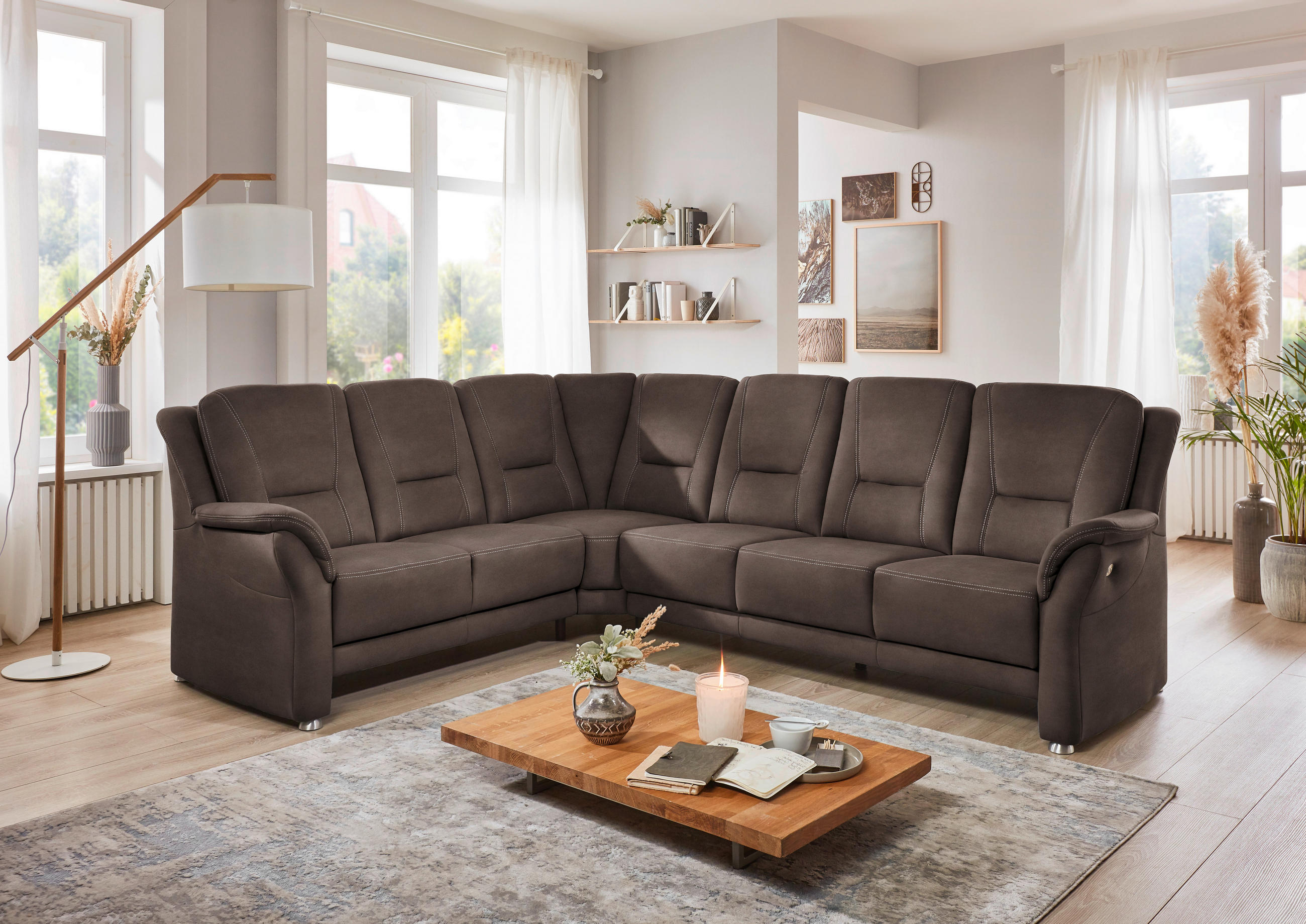ECKSOFA in Mikrofaser Graubraun 223/275 cm - Graubraun/Beige, KONVENTIONELL, Textil/Metall (223/275cm) - Beldomo Comfort