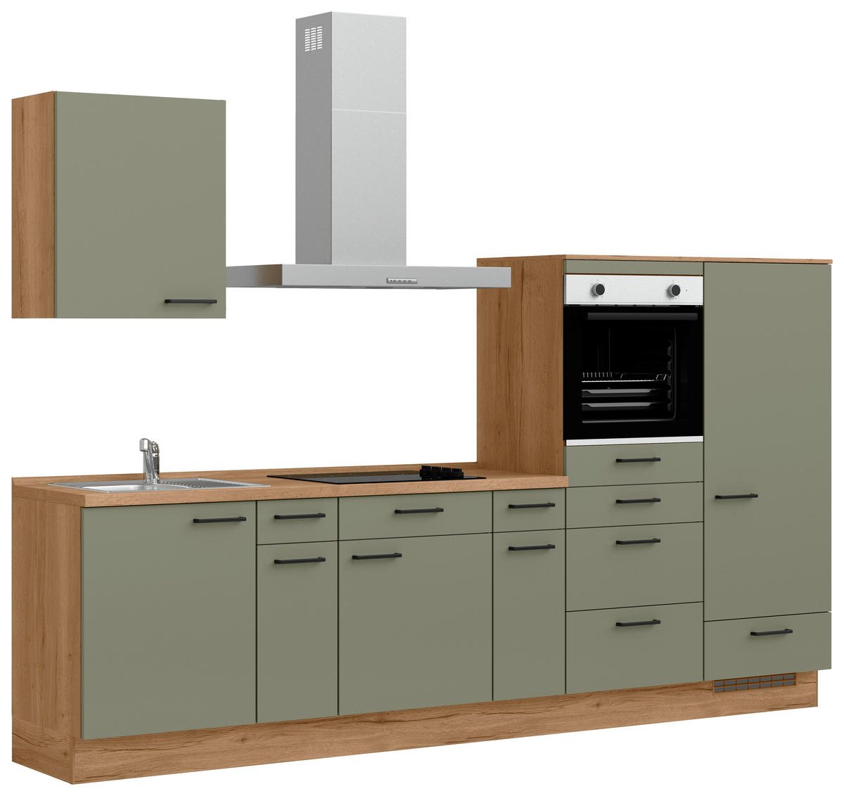 KÜCHENBLOCK Senso 300 cm  in Eichefarben, Olivgrün  - Eichefarben/Schwarz, MODERN, Holzwerkstoff/Metall (300cm) - Nobilia