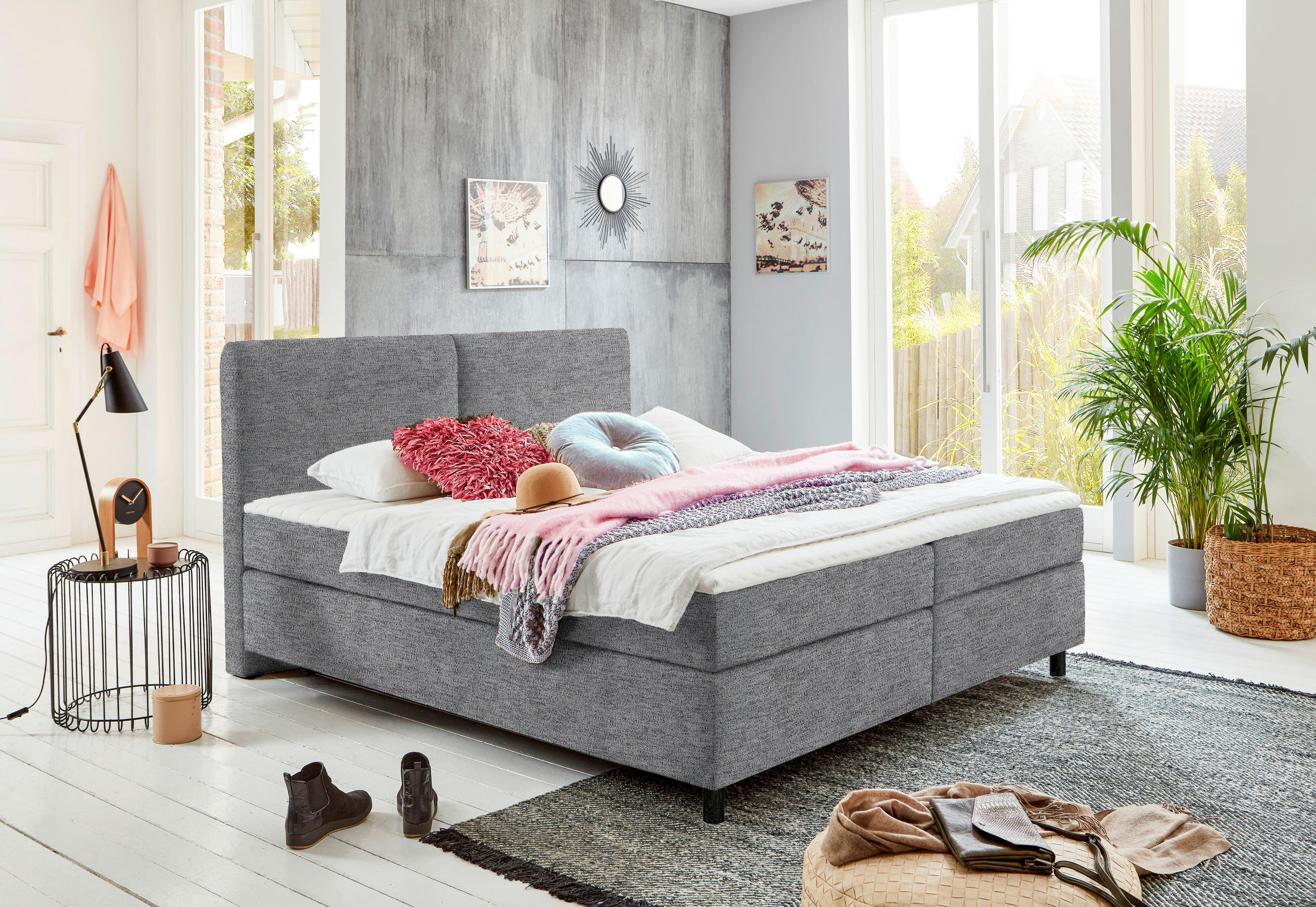 BOXSPRINGBETT 180/200 cm  in Grau  - Schwarz/Grau, Konventionell, Kunststoff/Textil (180/200cm) - Hom`in