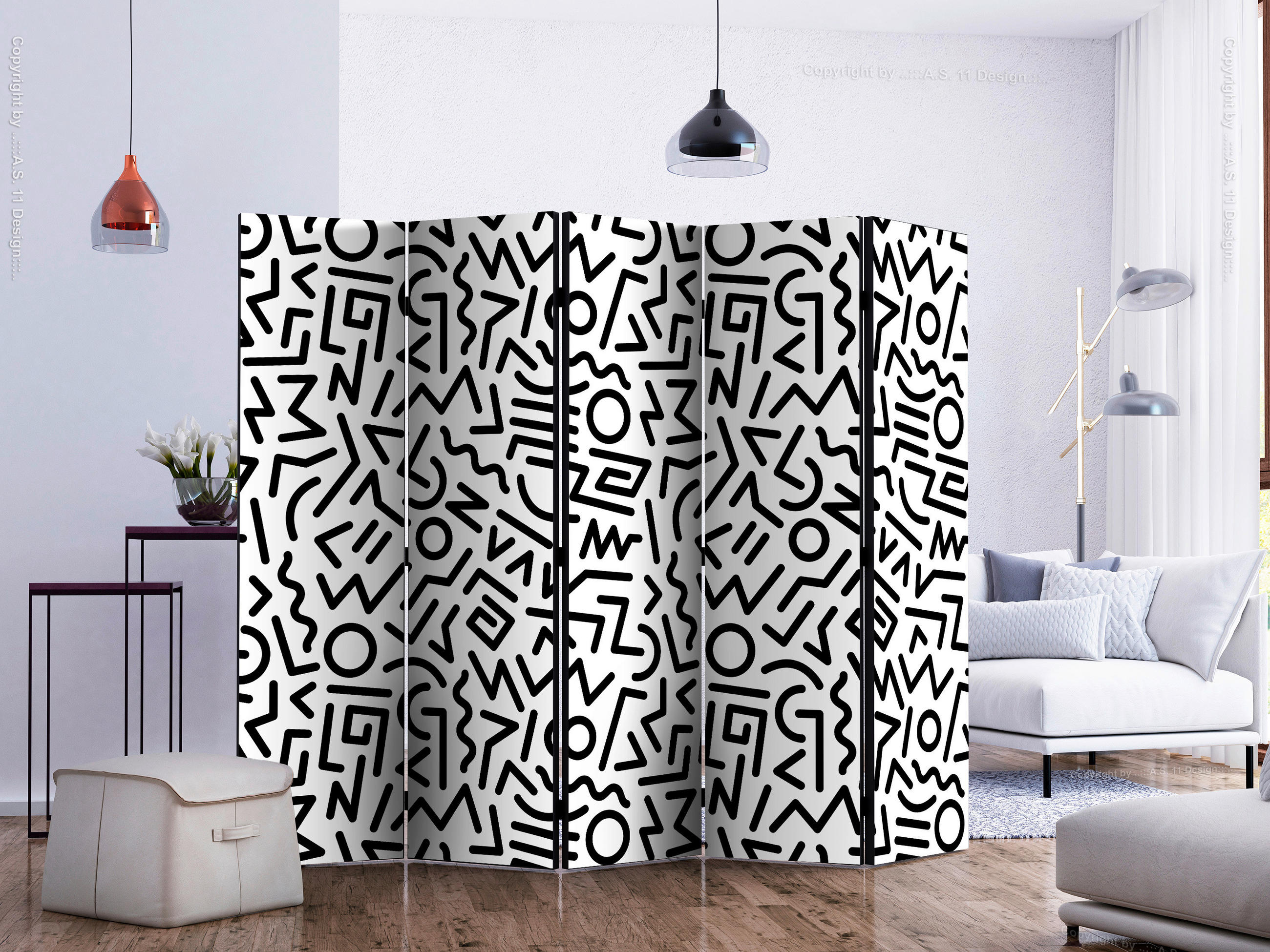 SKÄRMVÄGG  i trä, textil  svart, vit  - vit/svart, Basics, trä/textil (225/172/3cm) - artgeist