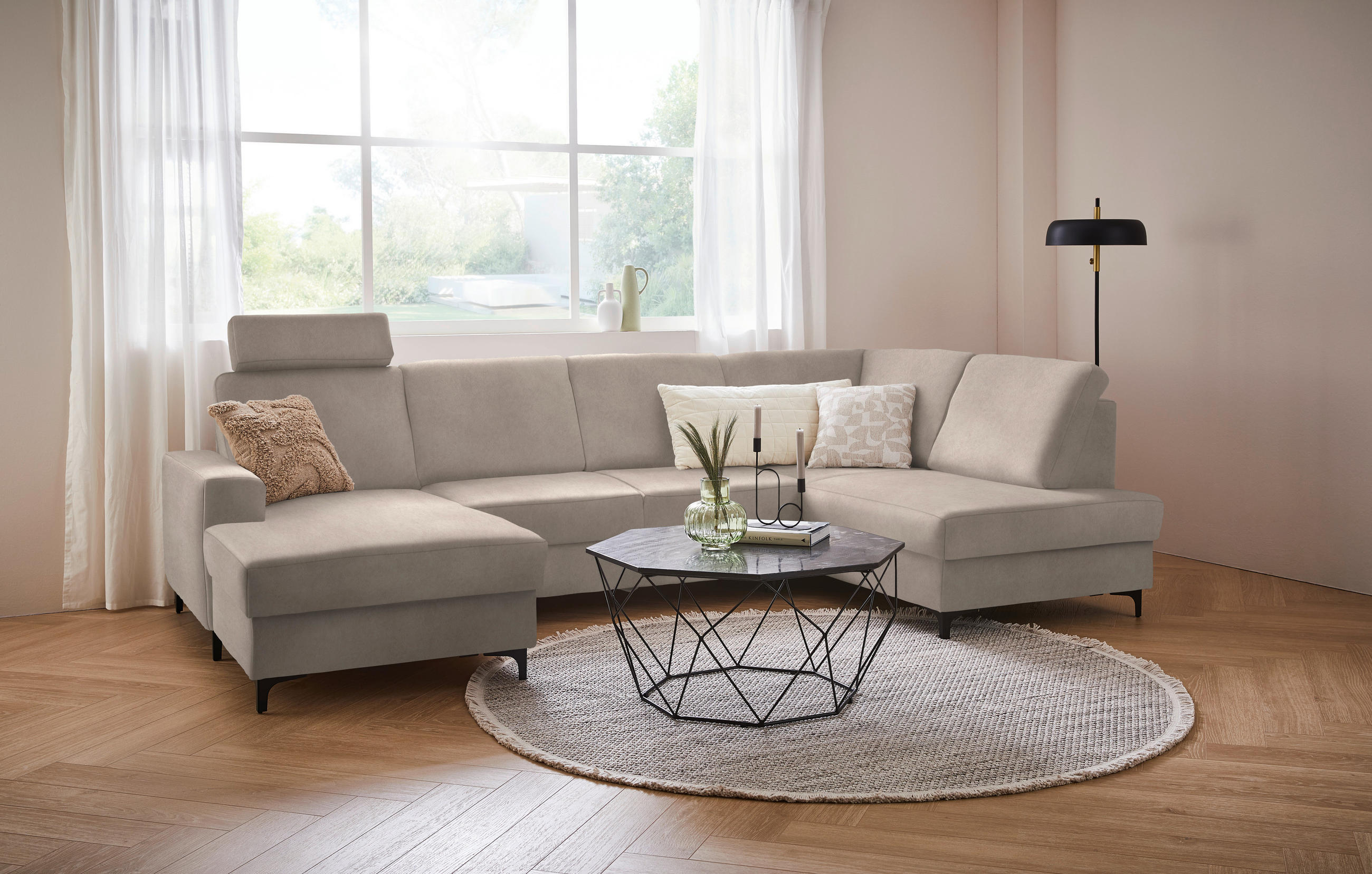 WOHNLANDSCHAFT Beige Flachgewebe  - Beige/Schwarz, KONVENTIONELL, Textil/Metall (167/317/185cm) - Stylife
