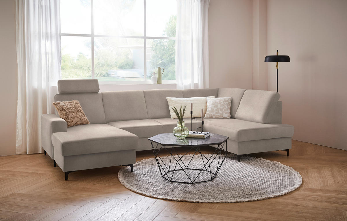 WOHNLANDSCHAFT in Flachgewebe Beige  - Beige/Schwarz, Konventionell, Textil/Metall (167/317/185cm) - Stylife