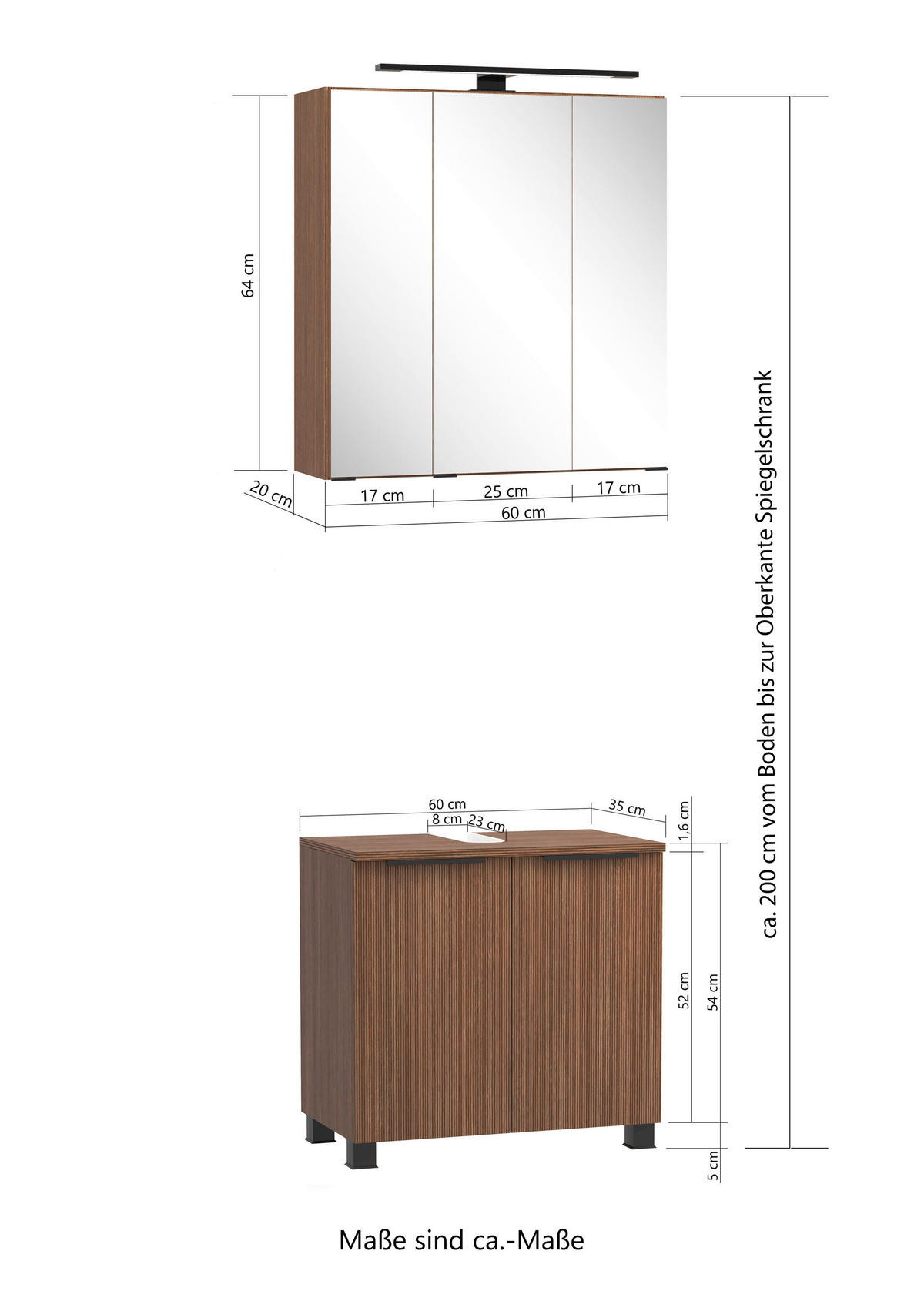BADEZIMMER 2-teilig  in 60 cm  - Dunkelbraun/Schwarz, Natur, Glas/Holzwerkstoff (60cm) - Held