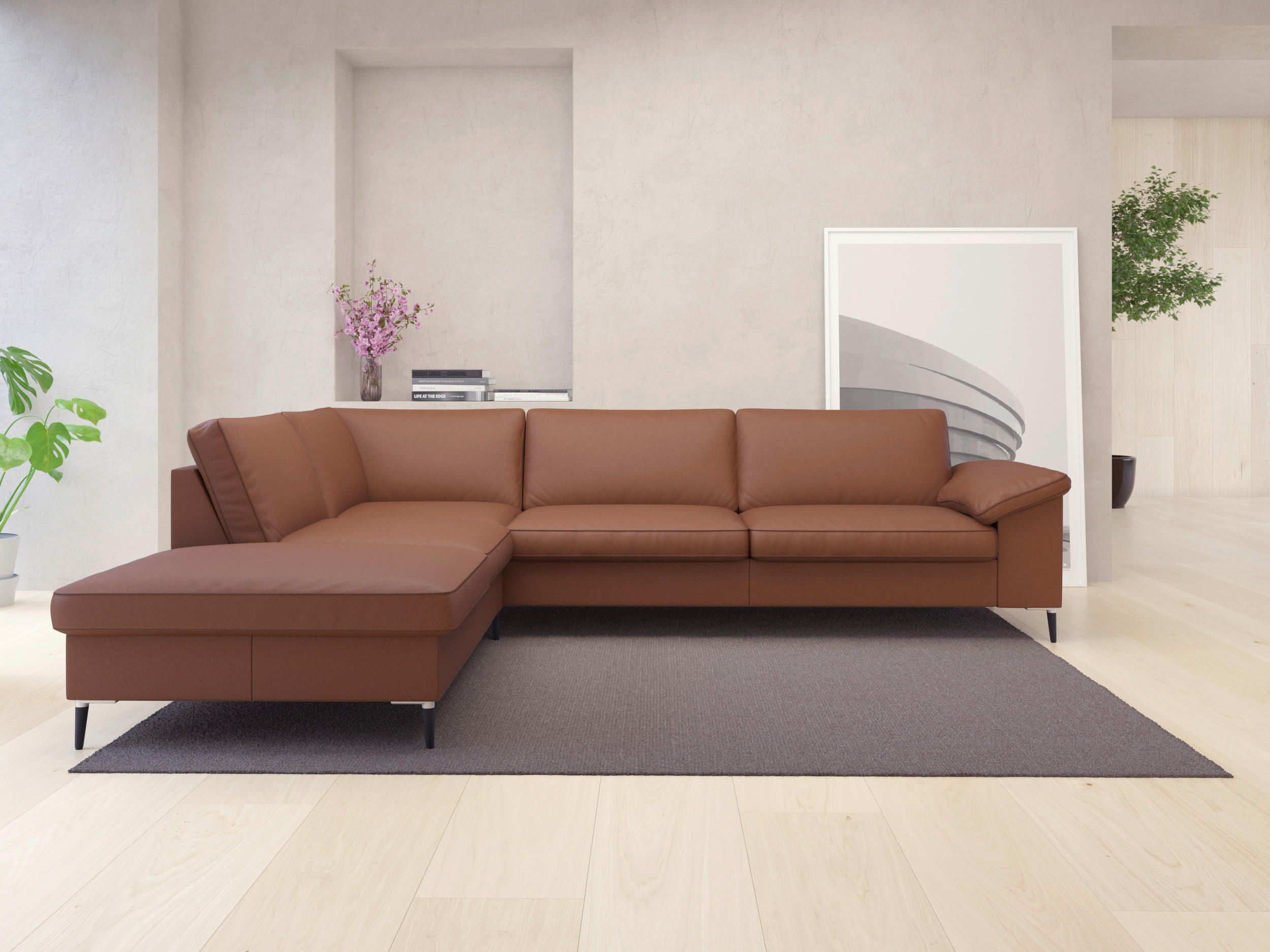 ECKSOFA Kastanienfarben Echtleder  - Kastanienfarben/Schwarz, Design, Leder/Metall (225/279cm) - Livetastic