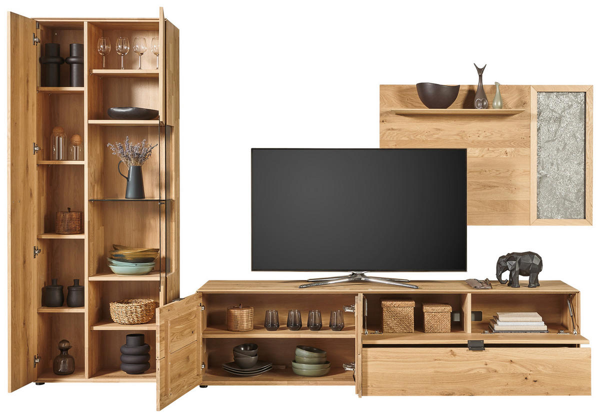 WOHNWAND  in Wildeiche 322,4/205,5/45,2 cm  - Wildeiche/Schwarz, Natur, Glas/Holz (322,4/205,5/45,2cm) - Valnatura