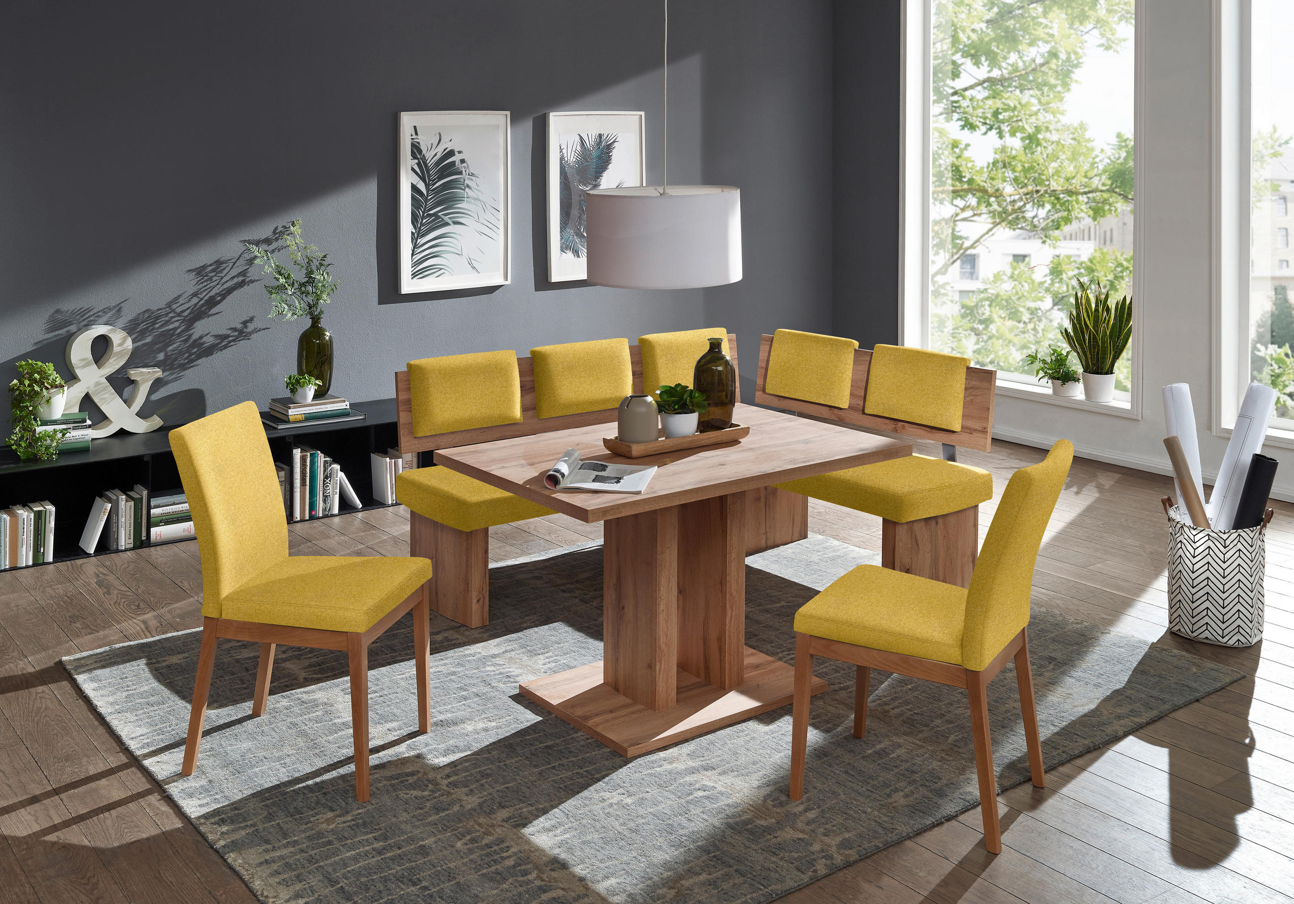 ECKBANKGRUPPE in Textil, Holzwerkstoff Eichefarben, Senfgelb - Eichefarben/Senfgelb, Konventionell, Holzwerkstoff/Textil - Cantus