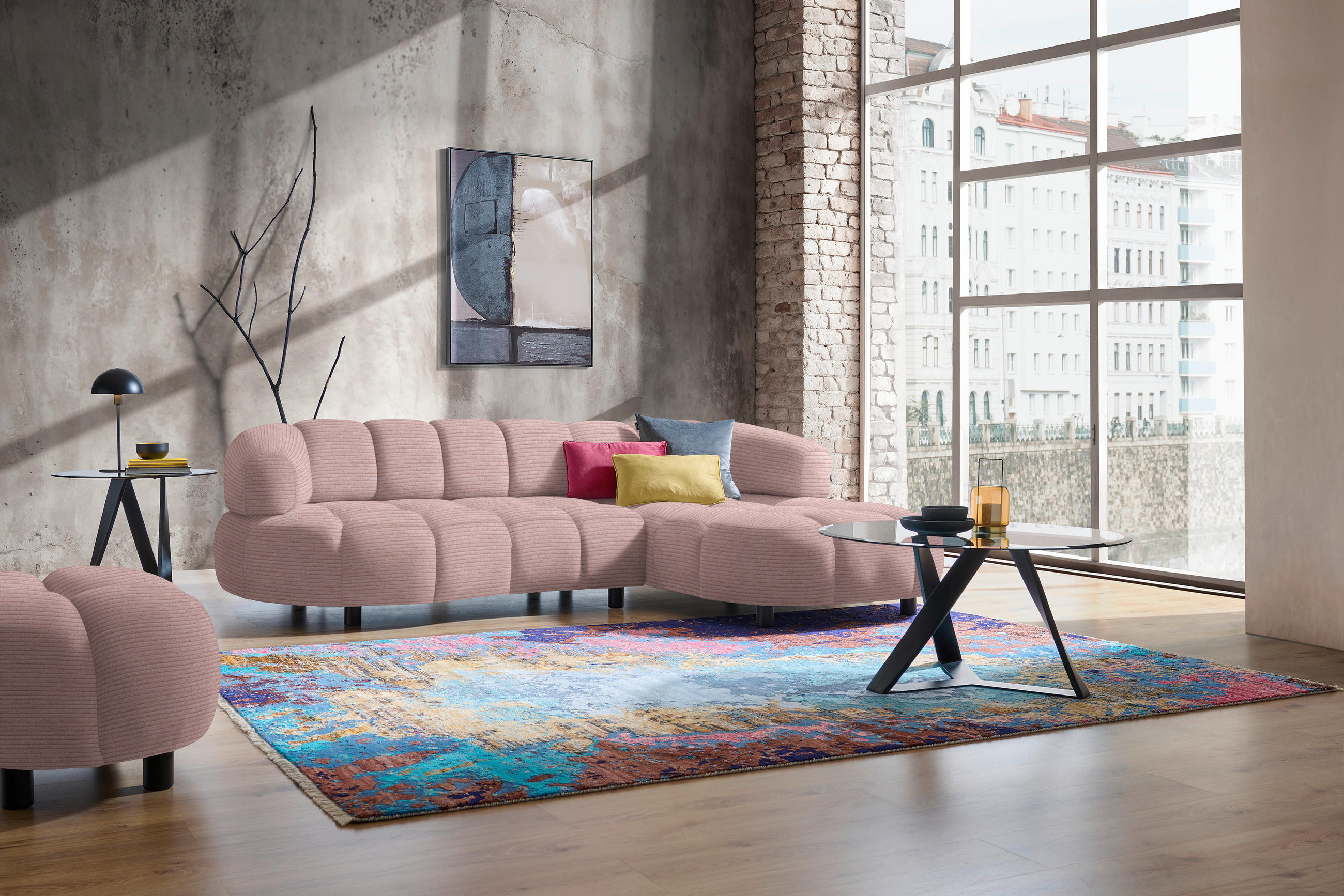 ECKSOFA in Cord, Velours Rosa  - Schwarz/Rosa, Design, Holz/Textil (284/183cm) - Welnova