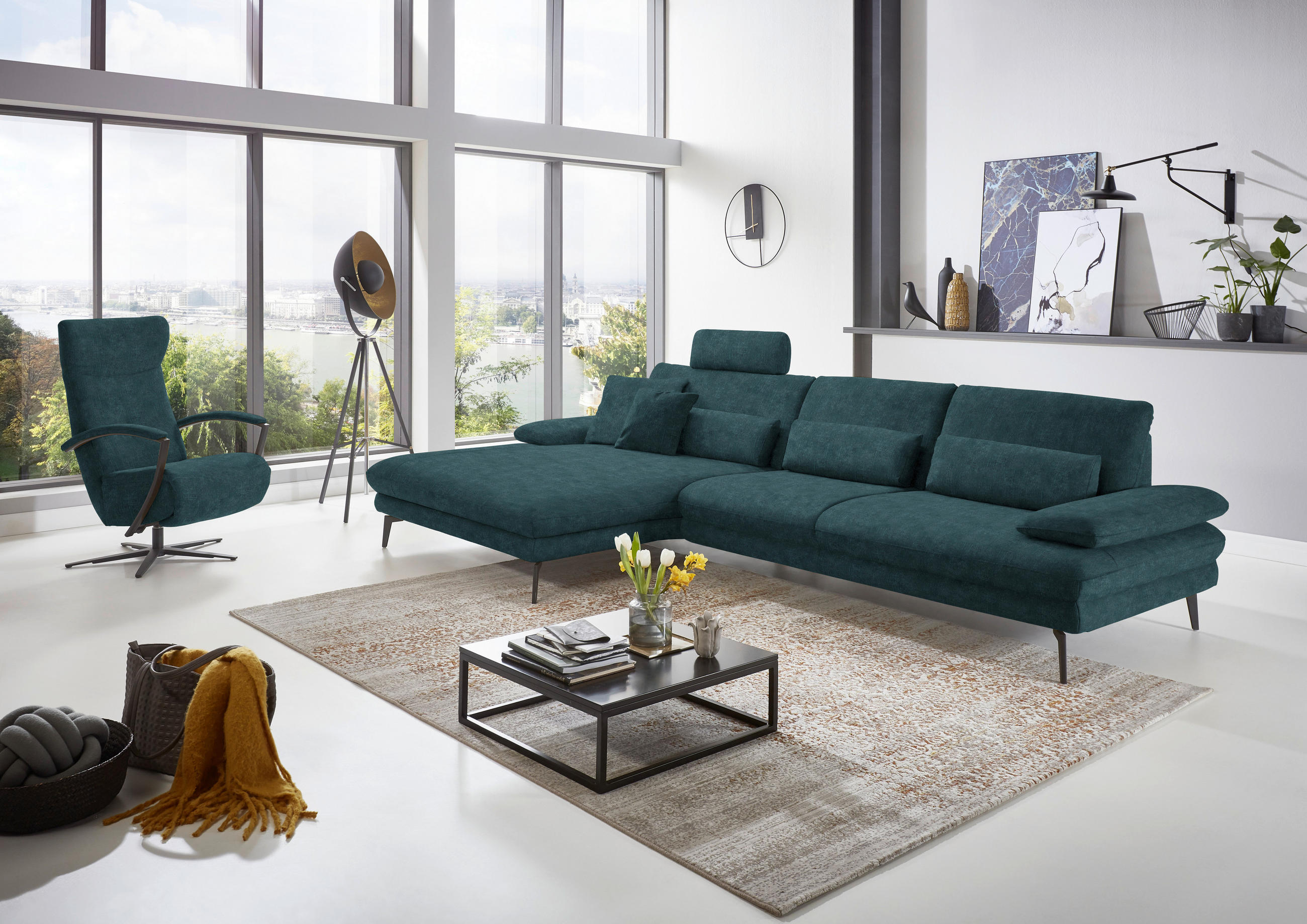 ECKSOFA in Velours Petrol - Petrol/Schwarz, Design, Textil/Metall (180/310cm) - Dieter Knoll