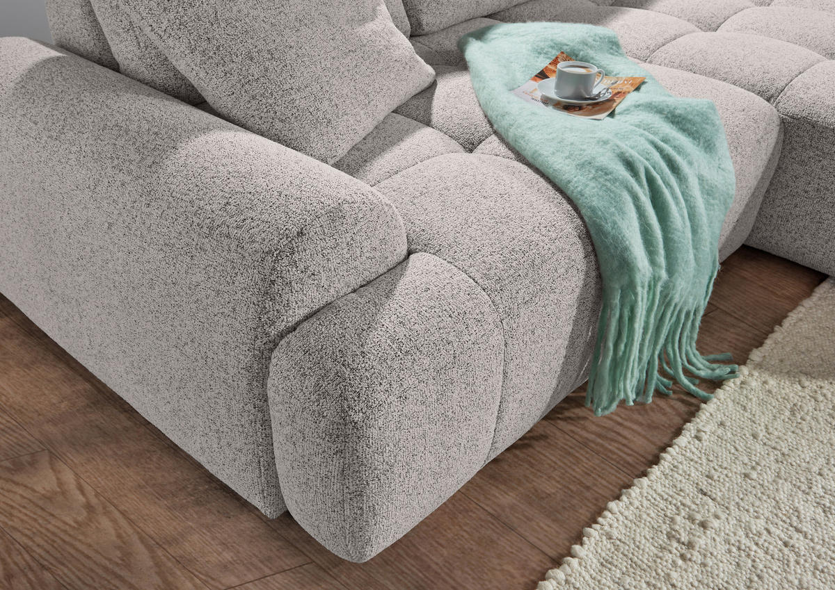 Ecksofa mit Funktion Grau Flachgewebe Zierkissen, Rückenkissen, Bettkasten, Schlaffunktion, Rücken echt, Liegefläche im Originalstoff  - Schwarz/Grau, KONVENTIONELL, Kunststoff/Textil (277/190cm) - Carryhome