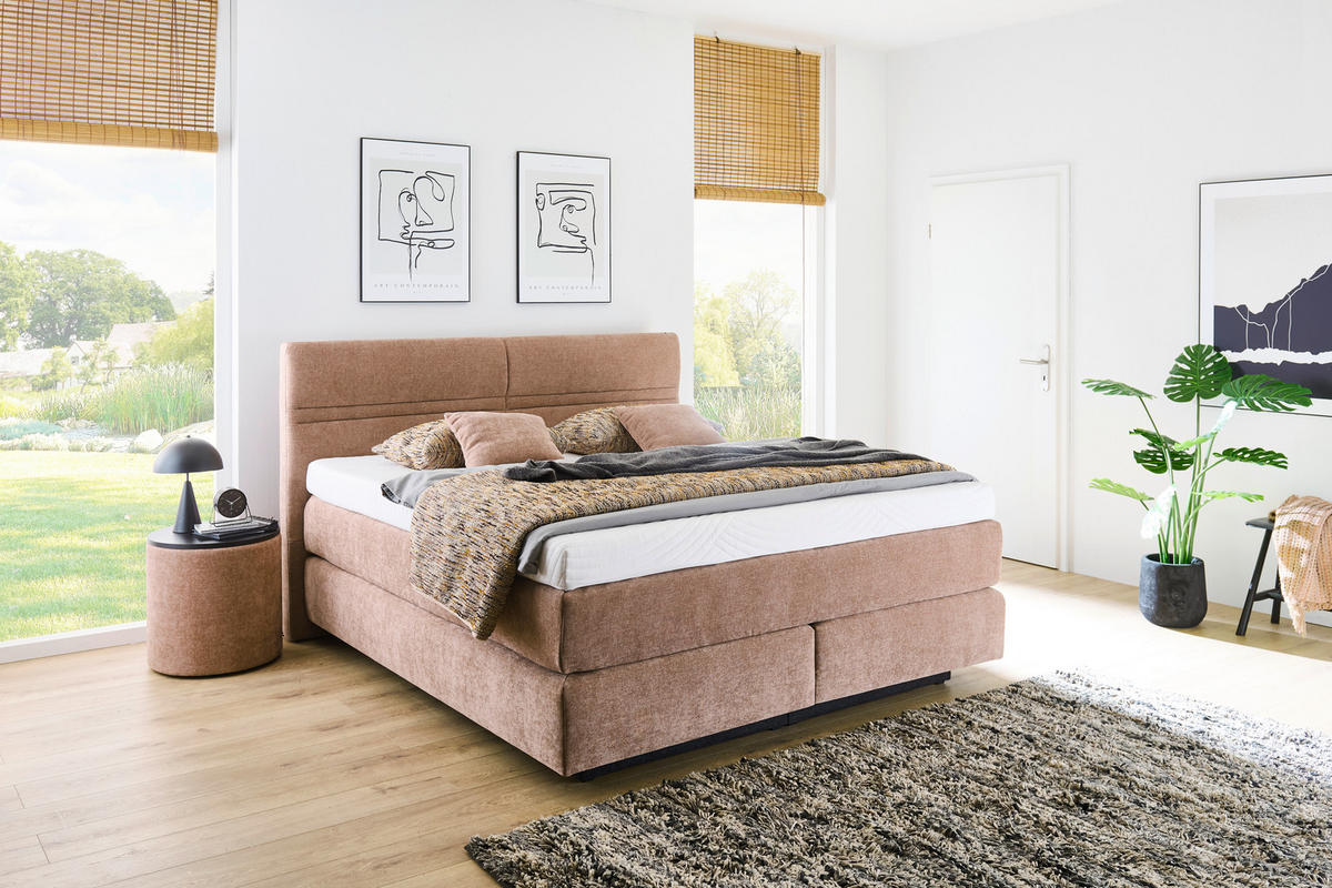 BOXSPRINGBETT 180/200 cm,  in Rotbraun, gepolstertes Kopfteil, Topper, Matratzen, H2 + H3 = mittel + fest  - Rotbraun/Schwarz, MODERN, Holzwerkstoff/Textil (180/200cm) - Hukla