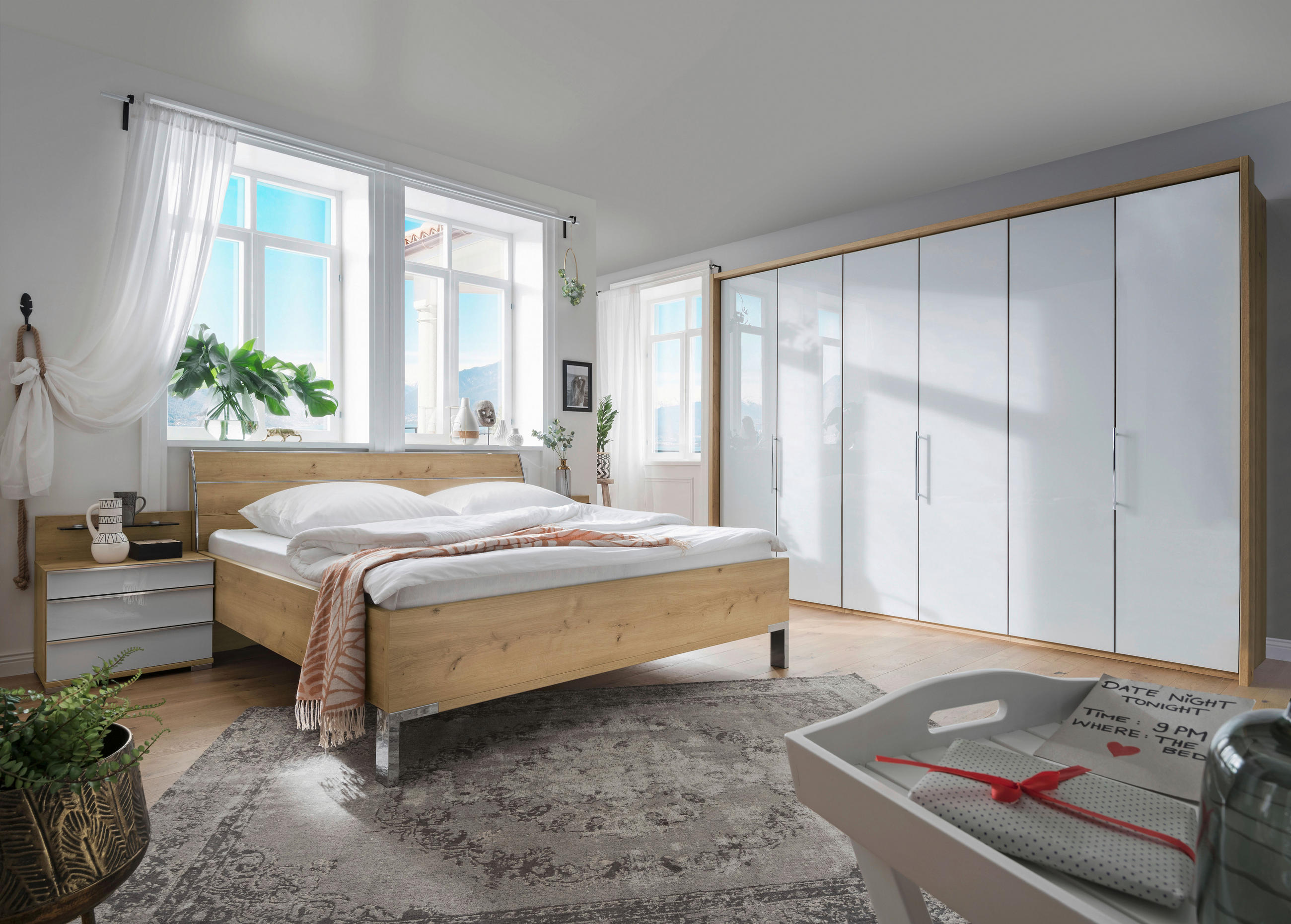 FALTTÜRENSCHRANK 300/216/58 cm 3-türig Eiche Bianco, Champagner  - Chromfarben/Eiche Bianco, KONVENTIONELL, Glas/Holzwerkstoff (300/216/58cm) - Venda