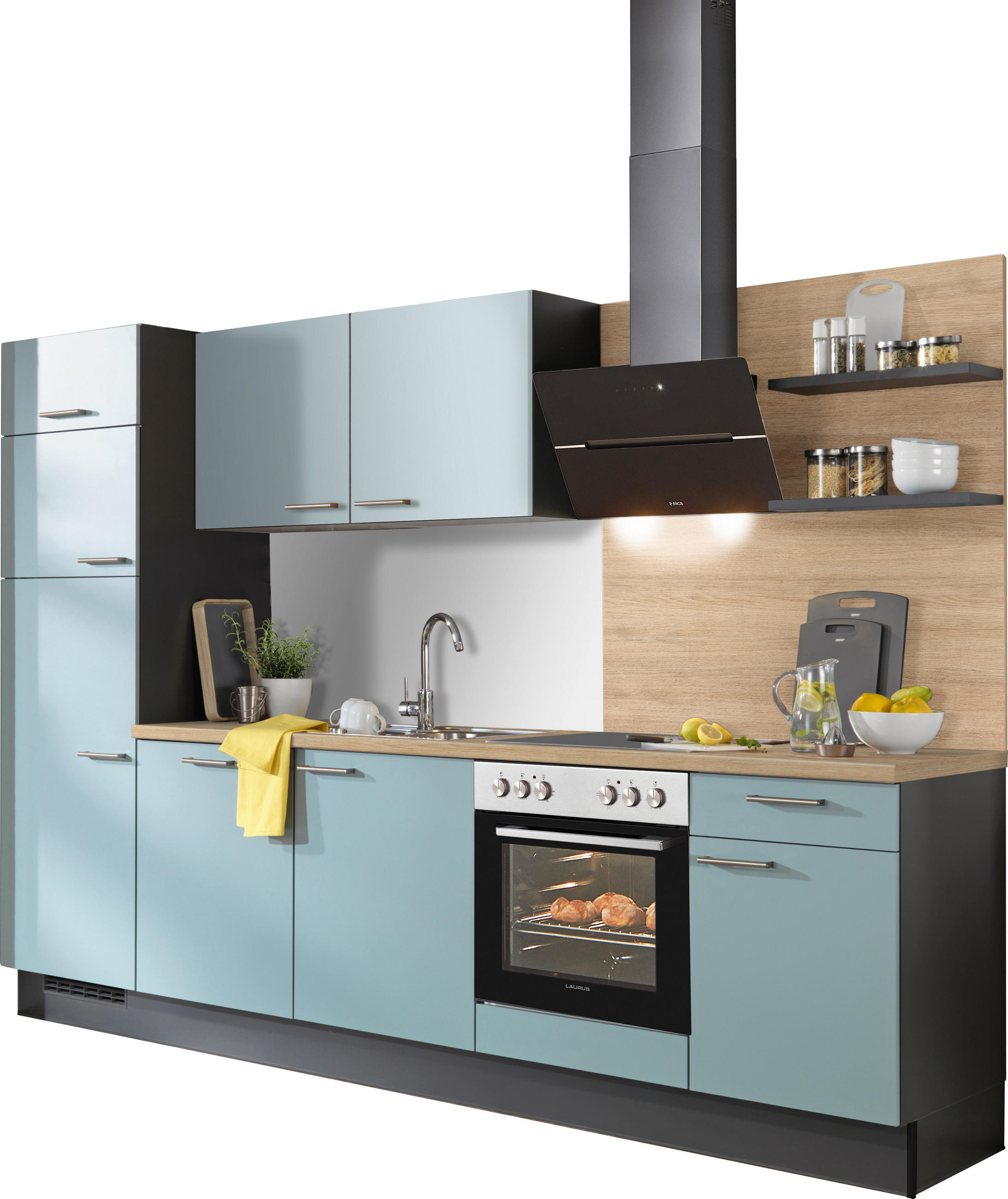 KÜCHENBLOCK 290 cm   in Graphitfarben, Eichefarben, Hellgrün  - Edelstahlfarben/Eichefarben, Design, Holzwerkstoff/Metall (290cm) - Xora