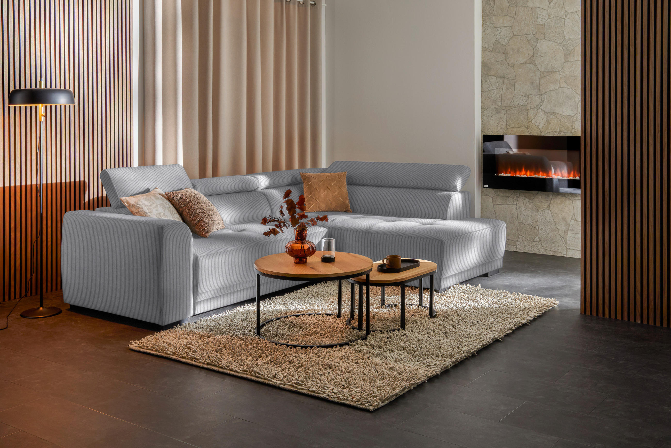 ECKSOFA in Feincord Hellgrau  - Hellgrau/Schwarz, Design, Kunststoff/Textil (284/205cm) - MID.YOU