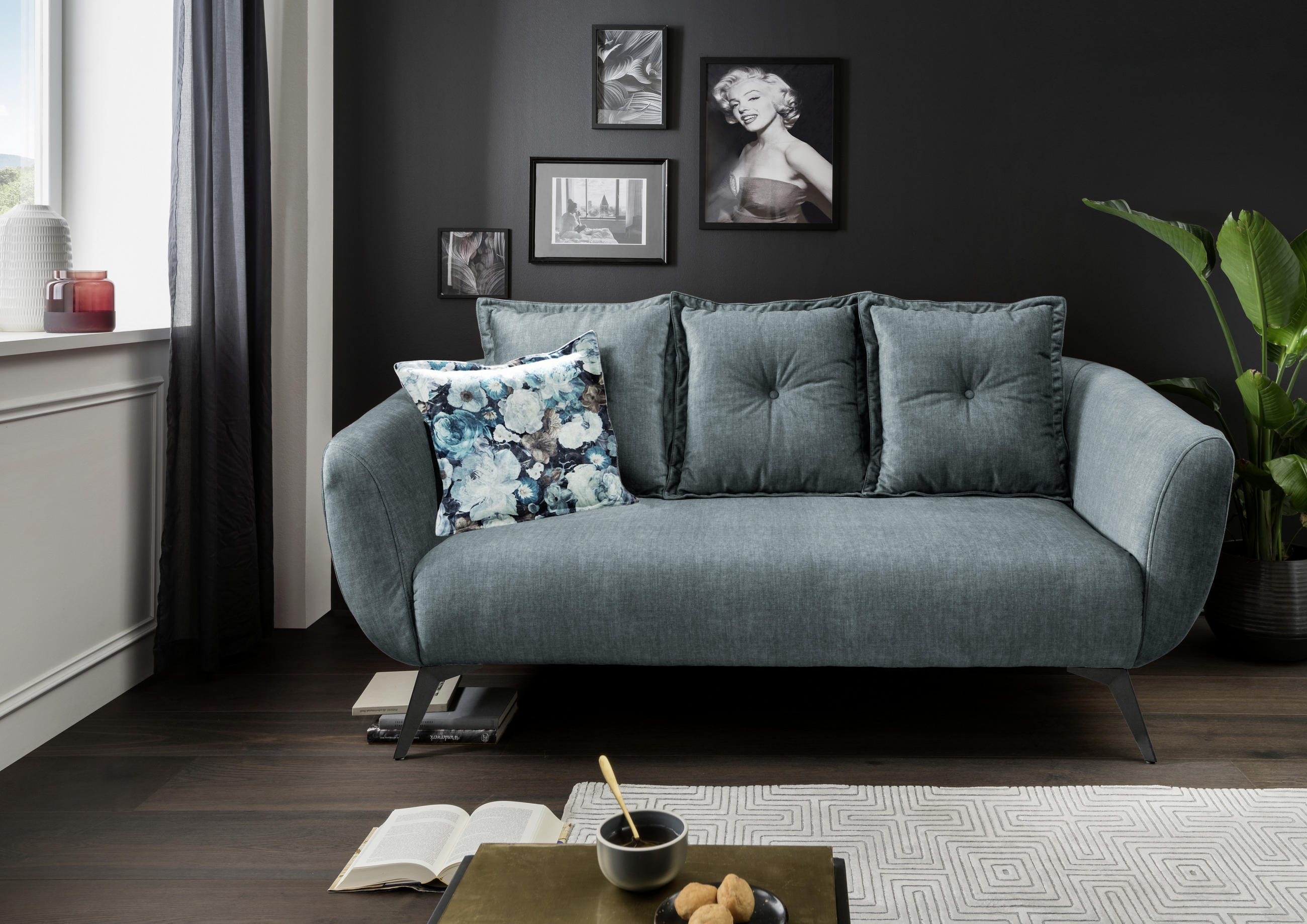 2,5-SITZER in Velours Blau, Multicolor  - Blau/Multicolor, MODERN, Holz/Textil (196/94/103cm) - Livetastic