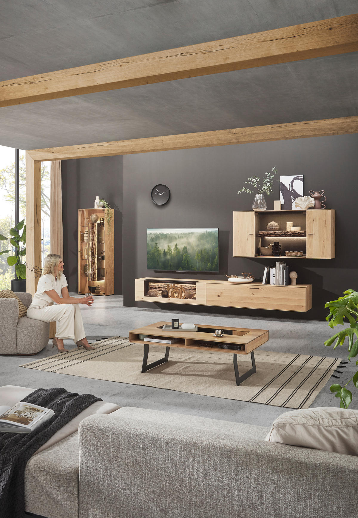 WOHNWAND  in Anthrazit, Eichefarben  336/195/44 cm  - Eichefarben/Anthrazit, Design, Glas/Holz (336/195/44cm) - Valnatura