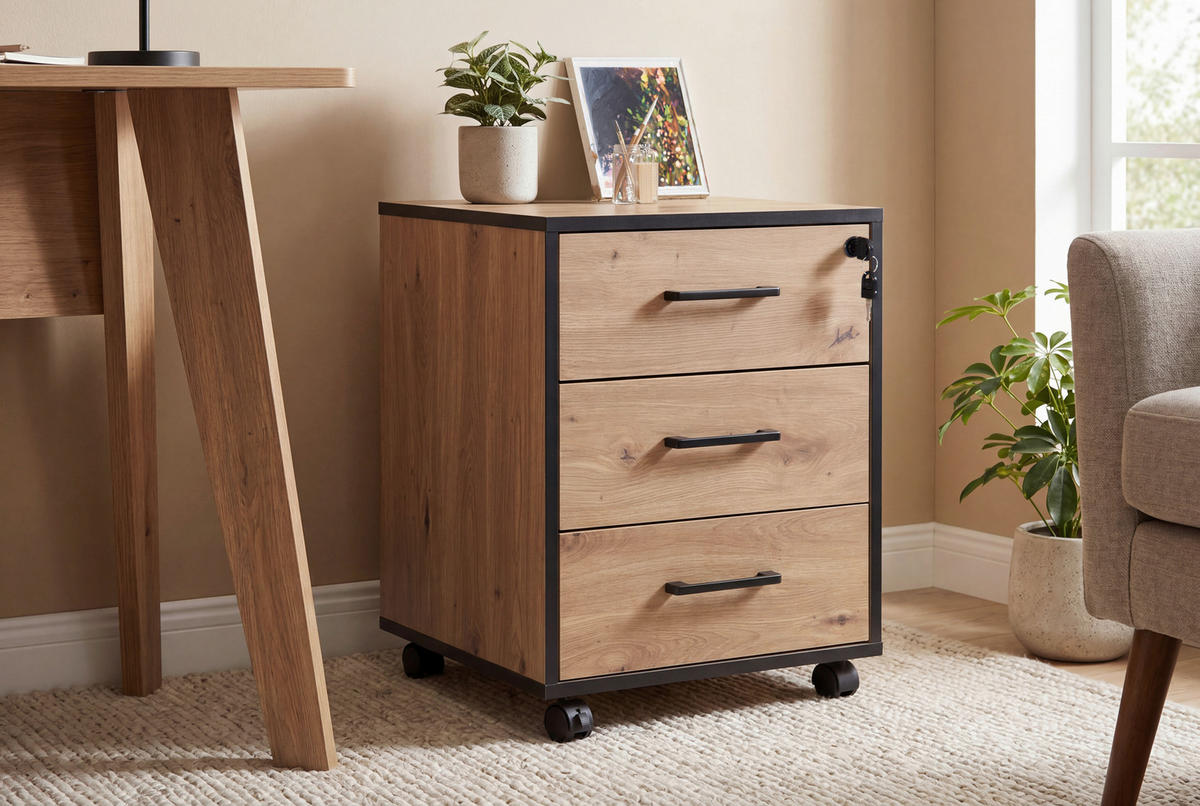 ROLLCONTAINER 43/56/42 cm  - Schwarz/Eiche Artisan, MODERN, Holzwerkstoff/Kunststoff (43/56/42cm) - Livetastic