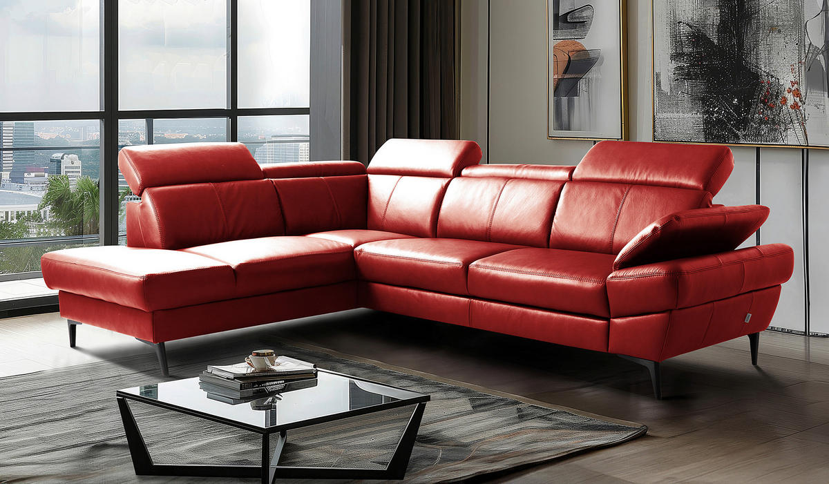 ECKSOFA Rot Echtleder Lederlook Bettkasten, Rücken echt, Armteilverstellung, Relaxfunktion, Kopfteilverstellung  - Rot/Schwarz, Design, Leder/Textil (211/264cm) - Livetastic