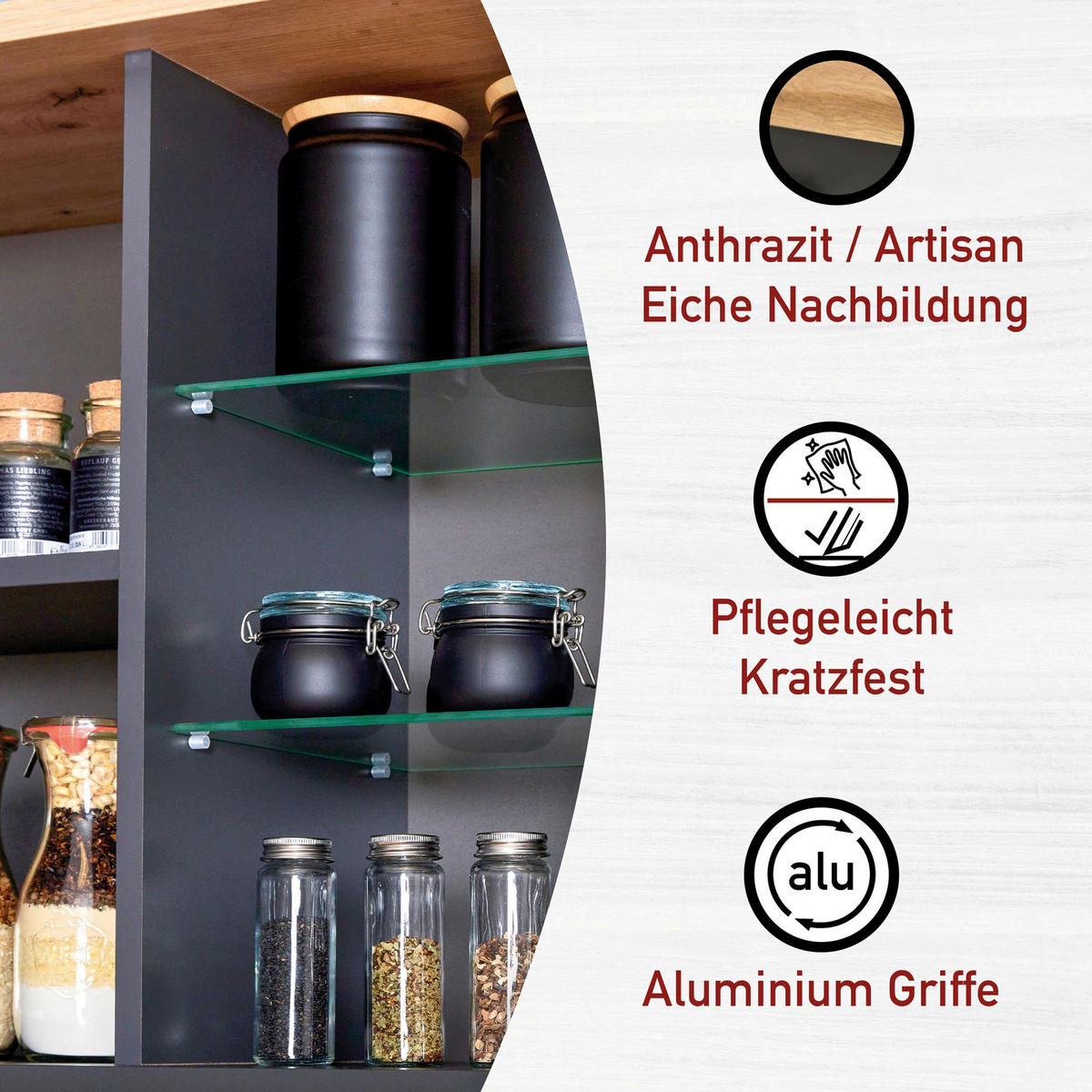 KÜCHENLEERBLOCK   in Anthrazit, Eiche Artisan  - Anthrazit/Schwarz, MODERN, Glas/Holzwerkstoff (370/227/60cm) - home24