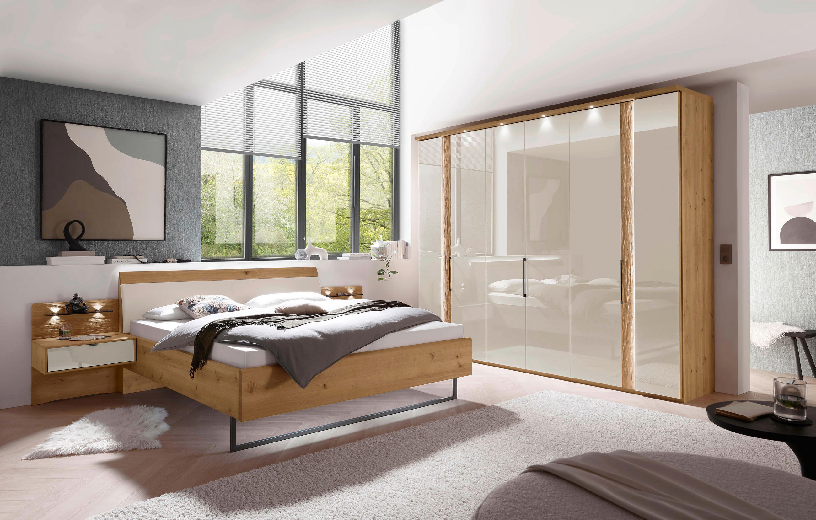 NOČNA OMARICA, barve šampanjca, hrast bianco  - barve šampanjca/barve skrilavca, Konvencionalno, kovina/steklo (60/48/43cm) - Dieter Knoll