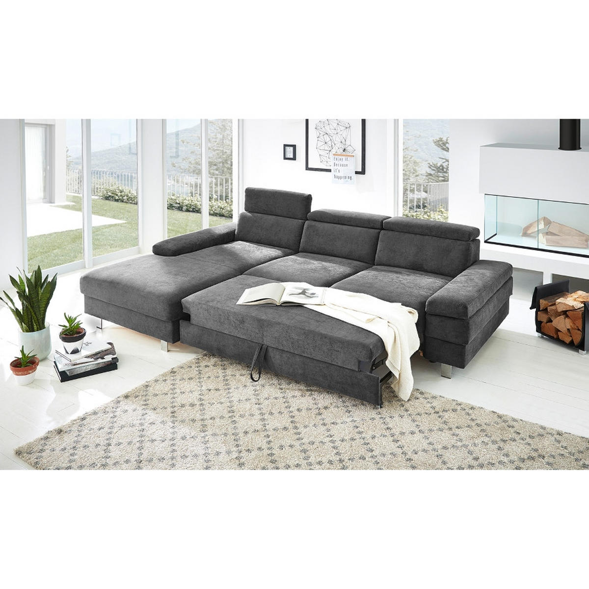 ECKSOFA in Webstoff Anthrazit  - Anthrazit/Silberfarben, Konventionell, Textil/Metall (260/82/182cm) - Trendmanufaktur