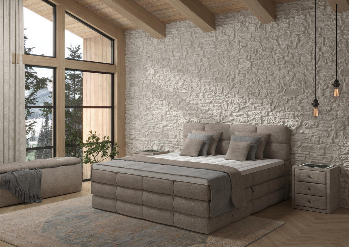 BOXSPRINGBETT 160/200 cm,  in Sandfarben, gepolstertes Kopfteil, Bettkasten, Topper, Matratzen, H3 + H3 = fest  - Sandfarben/Schwarz, Design, Kunststoff/Textil (160/200cm) - Chameo