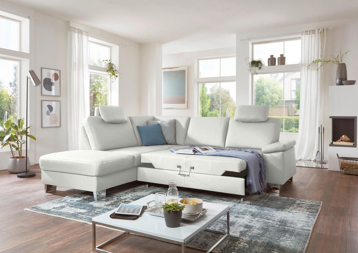 ECKSOFA  in Echtleder Weiß  235/248 cm  - Alufarben/Weiß, Design, Leder/Metall (235/248cm) - Beldomo Premium