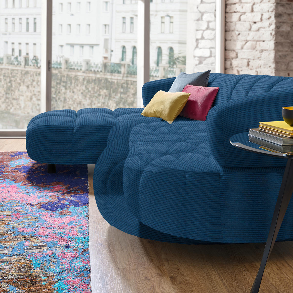 ECKSOFA in Cord, Velours Blau  - Blau/Schwarz, Design, Holz/Textil (183/284cm) - Welnova