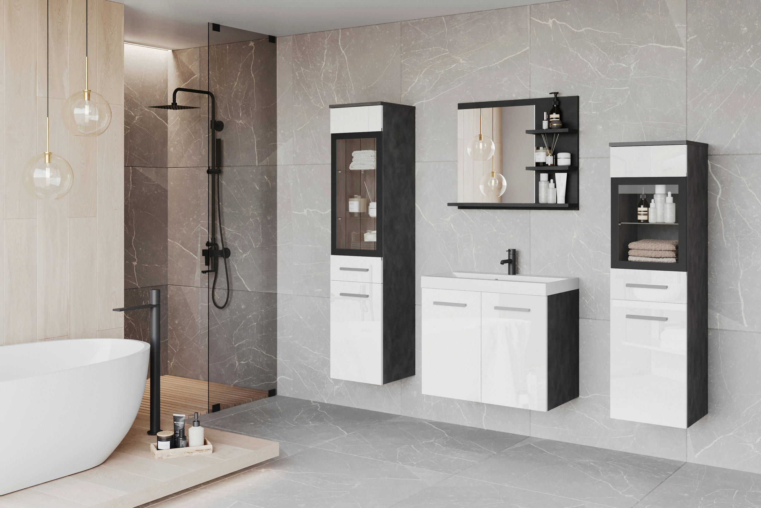 BADEZIMMER 5-teilig  in  - Weiß Hochglanz/Anthrazit, LIFESTYLE, Glas/Keramik (120,4/131,5/34,5cm) - P & B