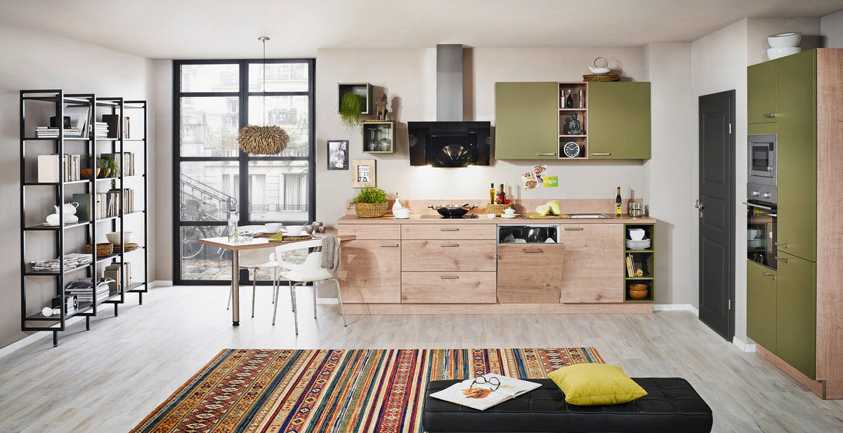 EINBAUKÜCHE   - Eichefarben/Olivgrün, Design, Holzwerkstoff - Dieter Knoll