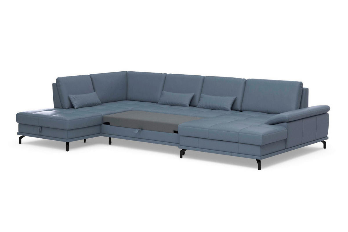 WOHNLANDSCHAFT COSTELLO E Graublau Kombination Echtleder/Stoff Mikrofaser  - Graublau/Schwarz, Basics, Leder/Textil (223/363/176cm) - Sit & More