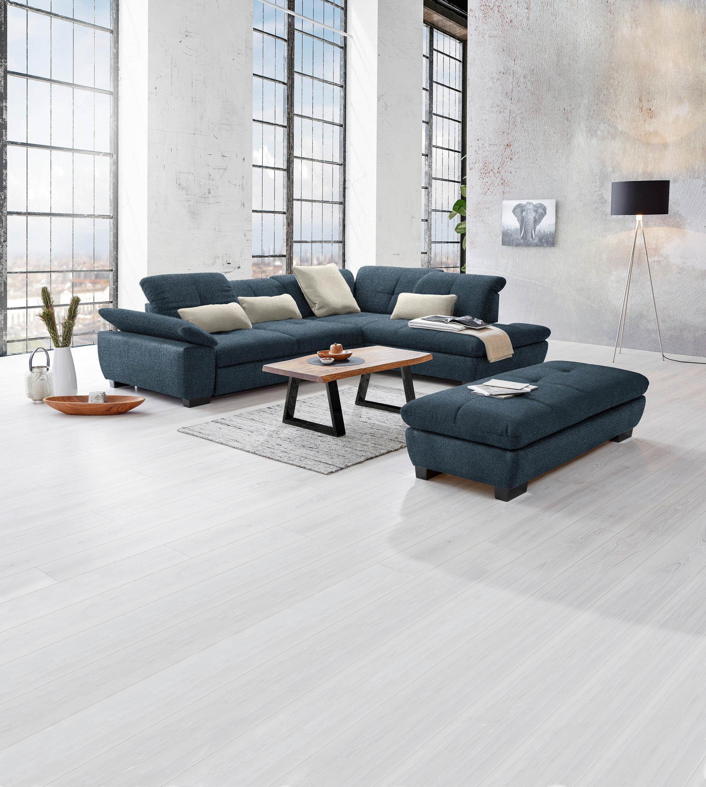 ECKSOFA in Flachgewebe Blau  - Blau/Schwarz, Design, Textil/Metall (313/242cm) - Xora