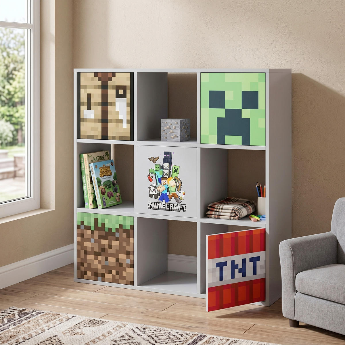 REGAL Grau, Multicolor  - Multicolor/Grau, MODERN, Holzwerkstoff (90/90/30cm) - Minecraft