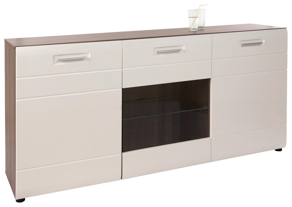 KOMODA, bela, barve hrasta  - barve kroma/črna, Design, umetna masa/steklo (180/82,6/43,1cm) - Xora