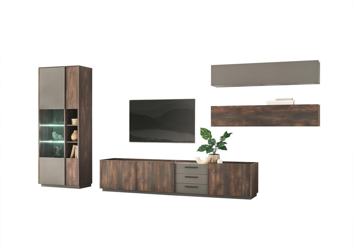 WOHNWAND 4-teilig  in Anthrazit, Eichefarben  416/200/45 cm  - Eichefarben/Anthrazit, Design, Glas/Holzwerkstoff (416/200/45cm) - MID.YOU