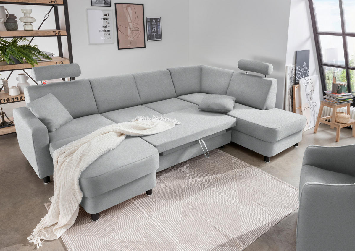 WOHNLANDSCHAFT in Webstoff Hellgrau  - Hellgrau/Schwarz, Design, Holz/Textil (165/296/198cm) - Xora