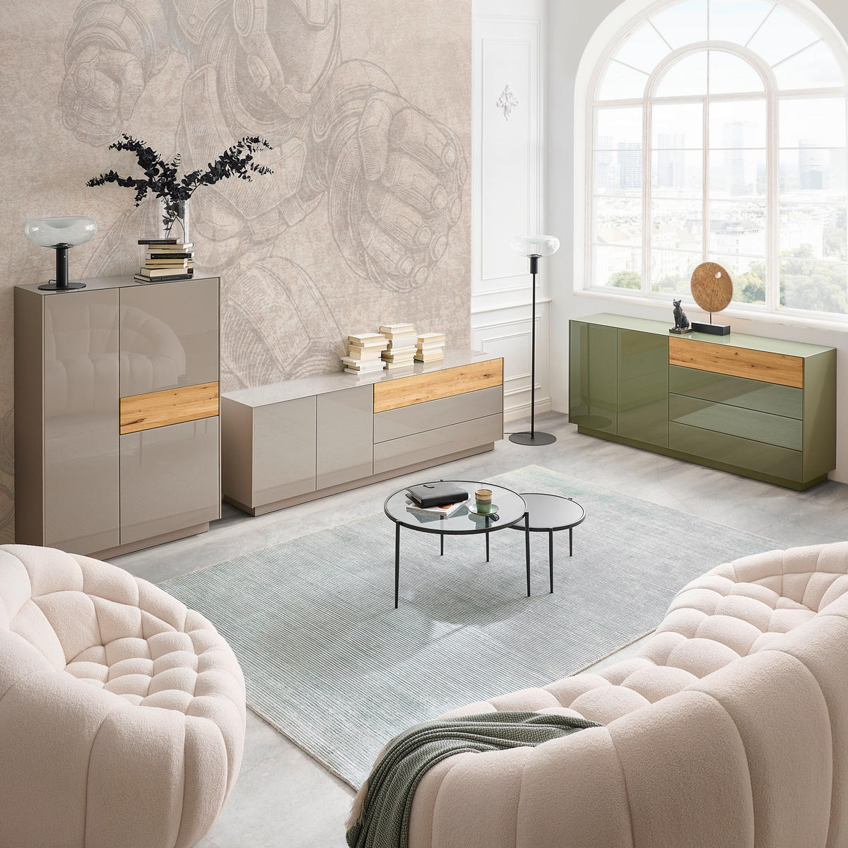 TV-SZEKRÉNY 207/69/42 cm  - tölgyfa/taupe, Design, faalapú anyag/Üveg (207/69/42cm) - Novel