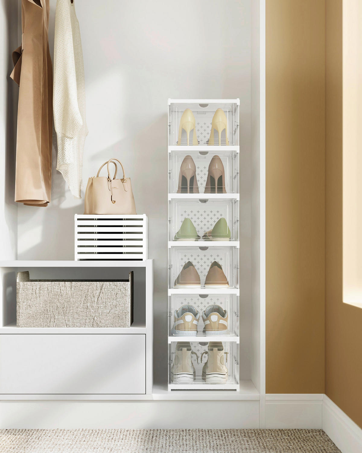 REGÁL NA BOTY, bílá, průhledné, 25,5/105/35,5 cm - bílá/průhledné, Basics, plast (25,5/105/35,5cm)