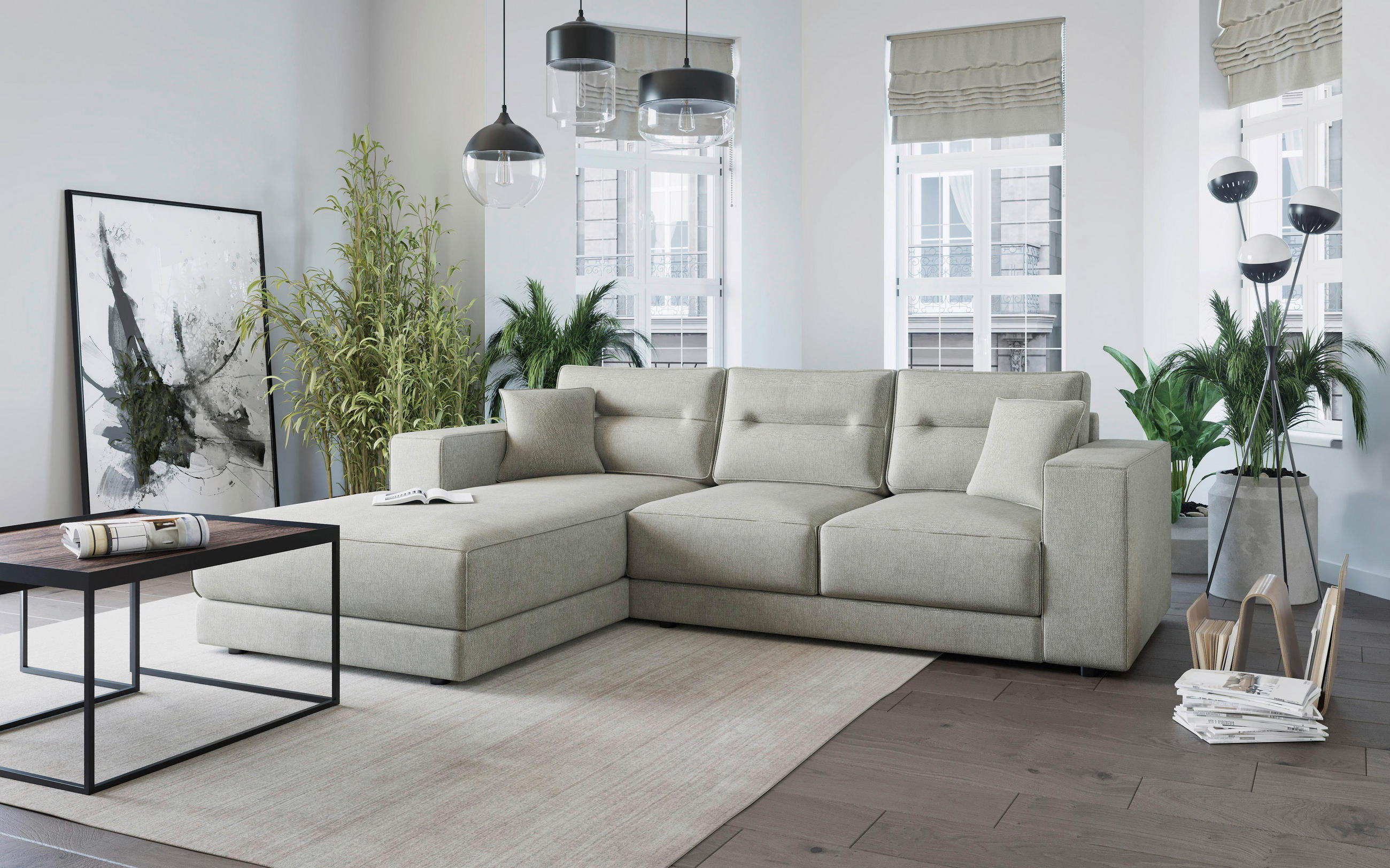 ECKSOFA Beige Flachgewebe  - Edelstahlfarben/Beige, Design, Kunststoff/Textil (195/272cm) - Livetastic