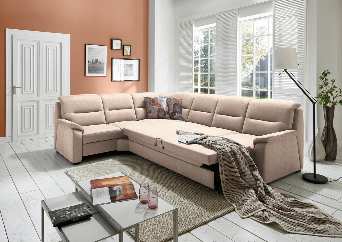 ECKSOFA in Mikrofaser Beige  245/303 cm  - Beige/Schwarz, KONVENTIONELL, Holz/Textil (245/303cm) - Beldomo Comfort