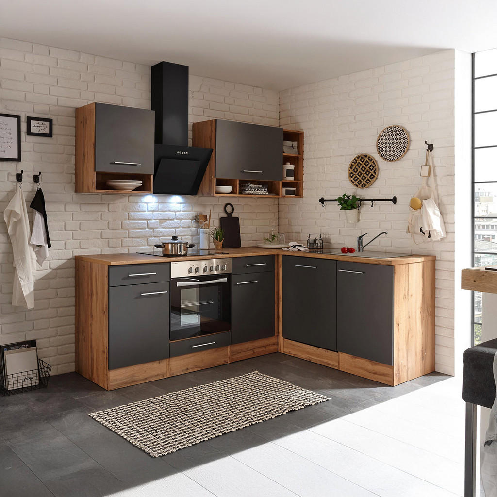 Eckküche mit Geräten 220x172 cm Eichefarben/Grau