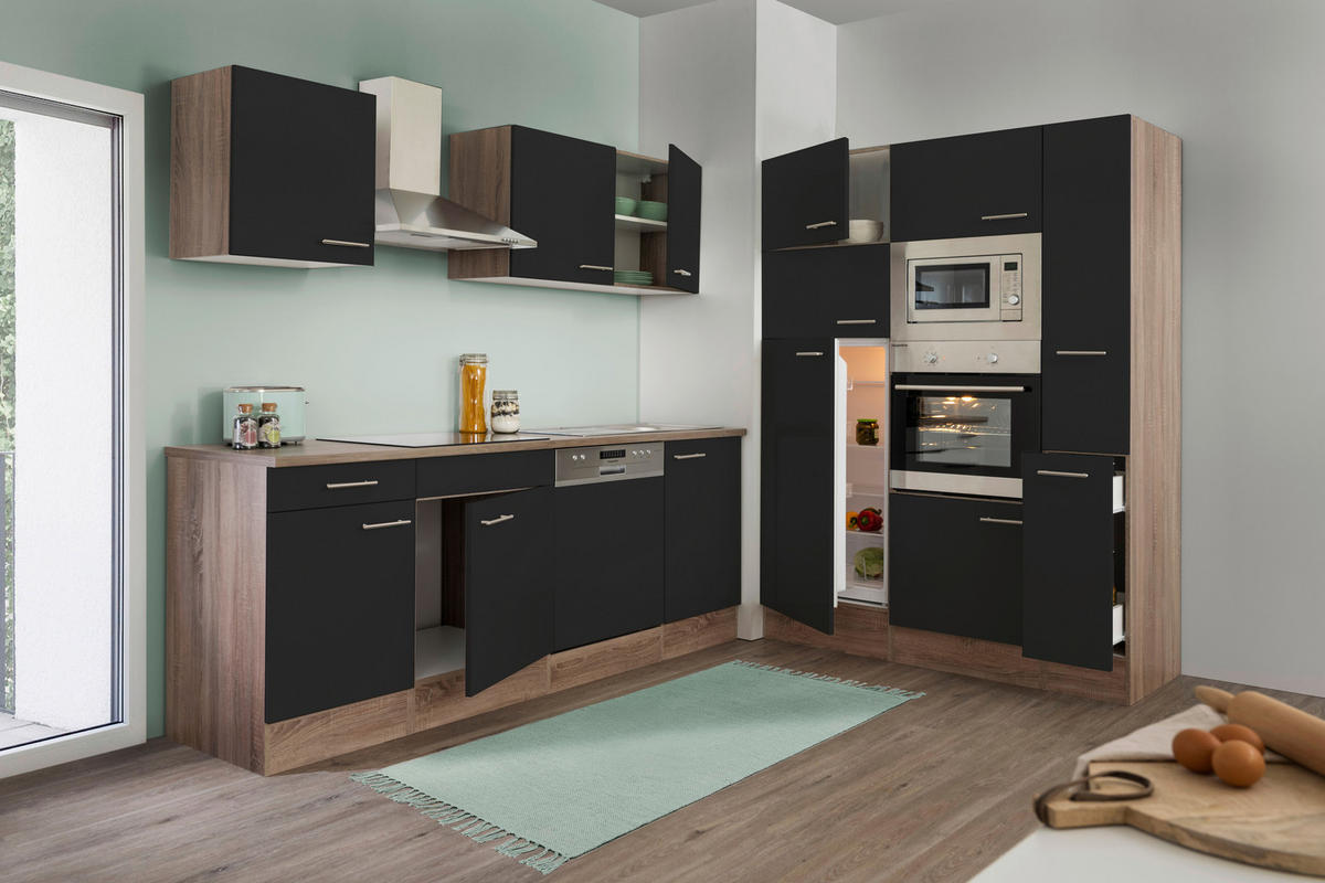 KÜCHENBLOCK 370 cm   in Schwarz  - Edelstahlfarben/Eichefarben, Design, Holzwerkstoff/Metall (370cm) - Respekta