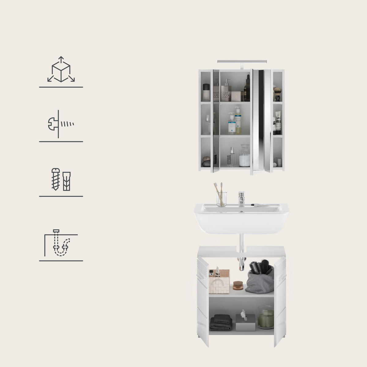 BADEZIMMER 2-teilig  in  - Weiß Hochglanz/Silberfarben, MODERN, Glas/Holzwerkstoff (60/182/34cm) - MID.YOU