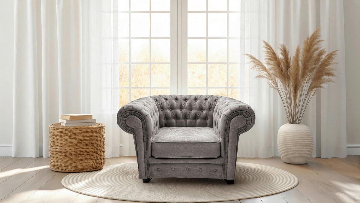 CHESTERFIELD-SESSEL CHESTERFIELD Flachgewebe Grau  - Schwarz/Grau, KONVENTIONELL, Holz/Textil (91/72/92cm) - Livetastic