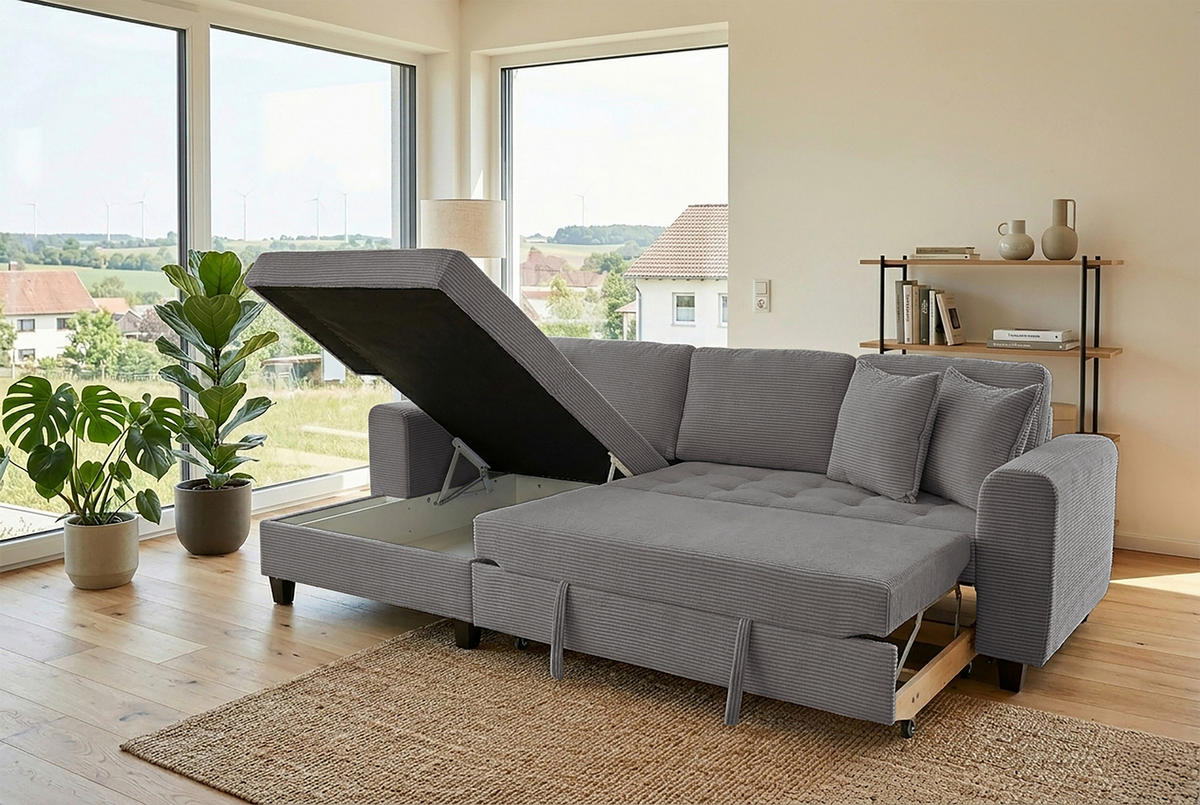 ECKSOFA MORITZ Grau Cord Zierkissen, Bettkasten  - Grau, Trend, Textil (155/265cm) - P & B