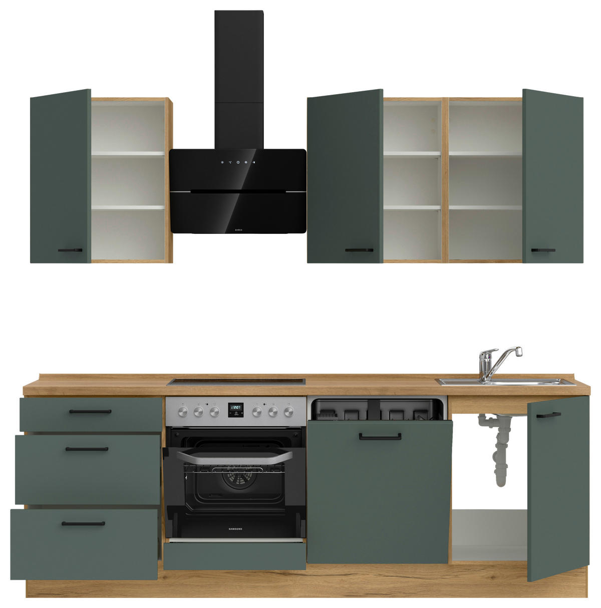 KÜCHENBLOCK Easytouch 240 cm  in Eichefarben, Dunkelgrün  - Dunkelgrün/Eichefarben, MODERN, Holzwerkstoff/Metall (240cm) - Nobilia