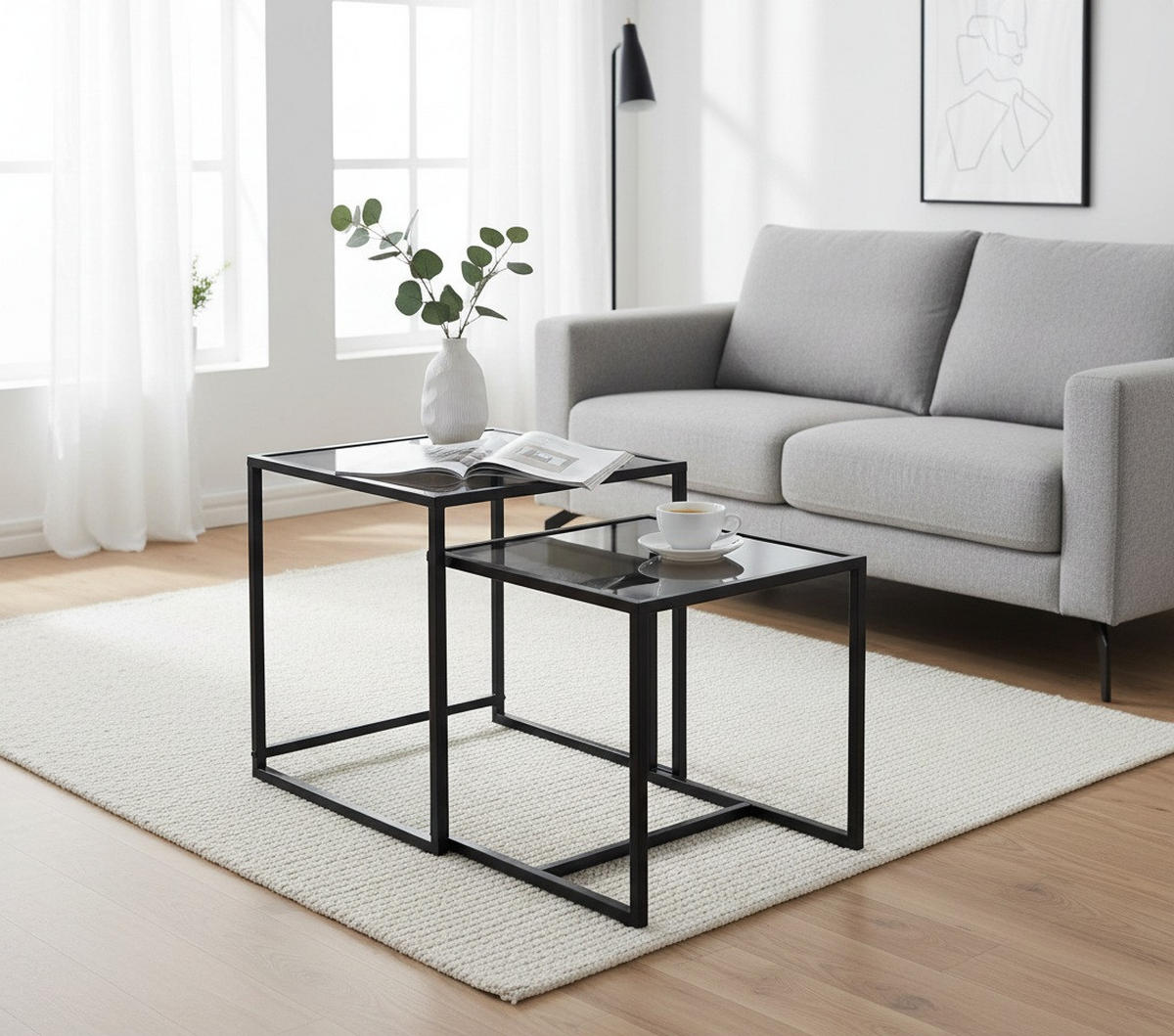 BEISTELLTISCHSET quadratisch Grau, Schwarz  - Schwarz/Grau, Design, Glas/Metall (40-45/40-45/40-50cm) - Carryhome
