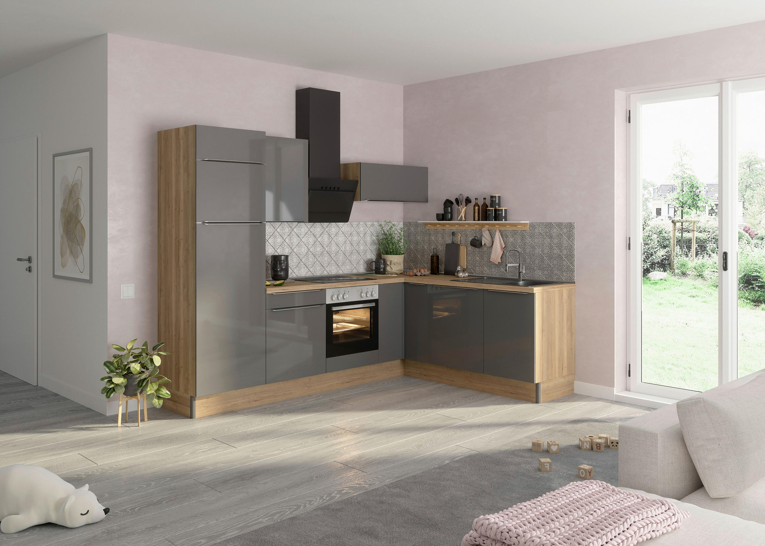 ECKKÜCHE 270/200 cm in Anthrazit, Eichefarben - Edelstahlfarben/Eichefarben, Basics, Holzwerkstoff/Metall (270/200cm) - Optifit