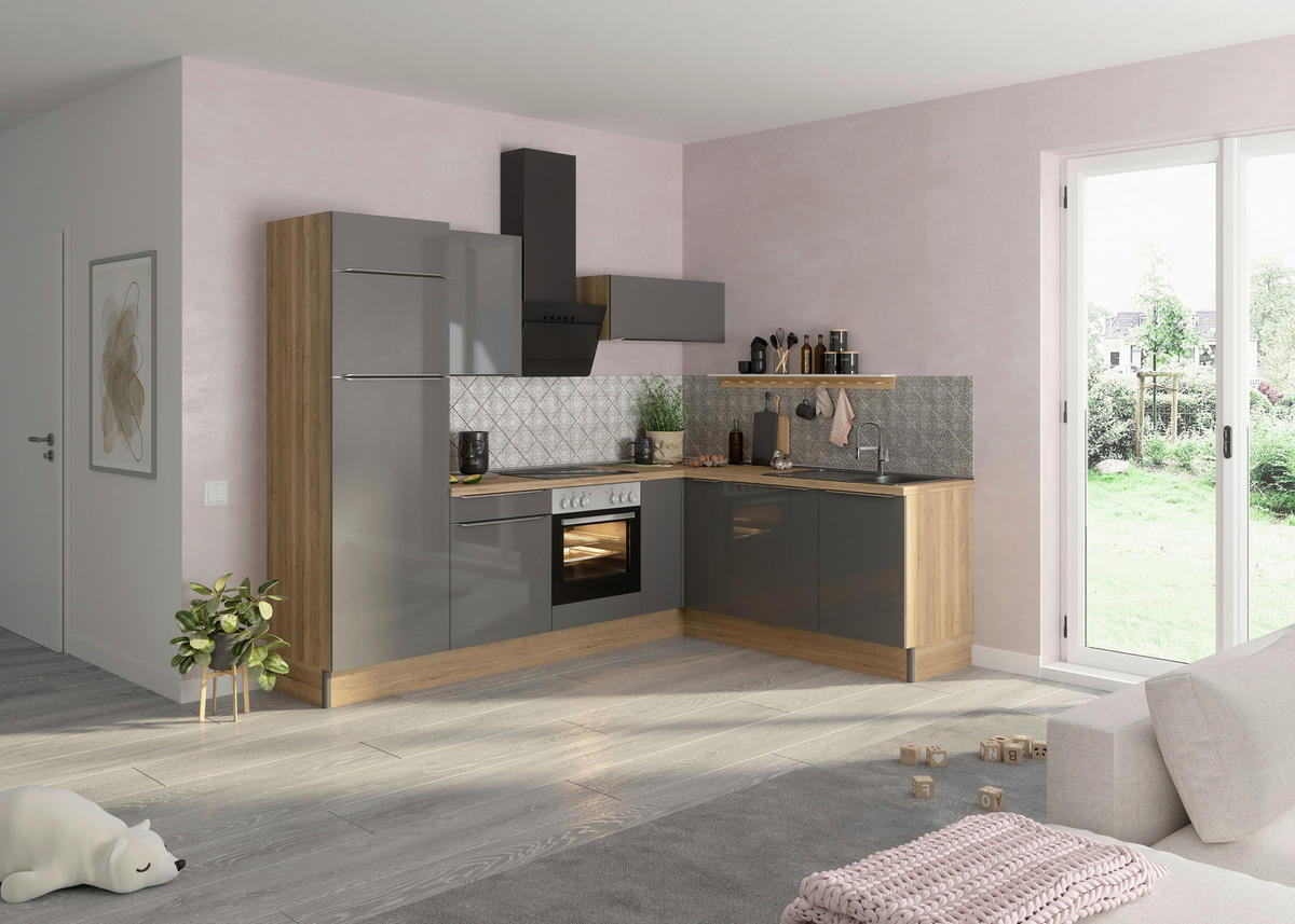 ECKKÜCHE 270/200 cm  in Anthrazit, Eichefarben  - Edelstahlfarben/Eichefarben, Basics, Holzwerkstoff/Metall (270/200cm) - Optifit